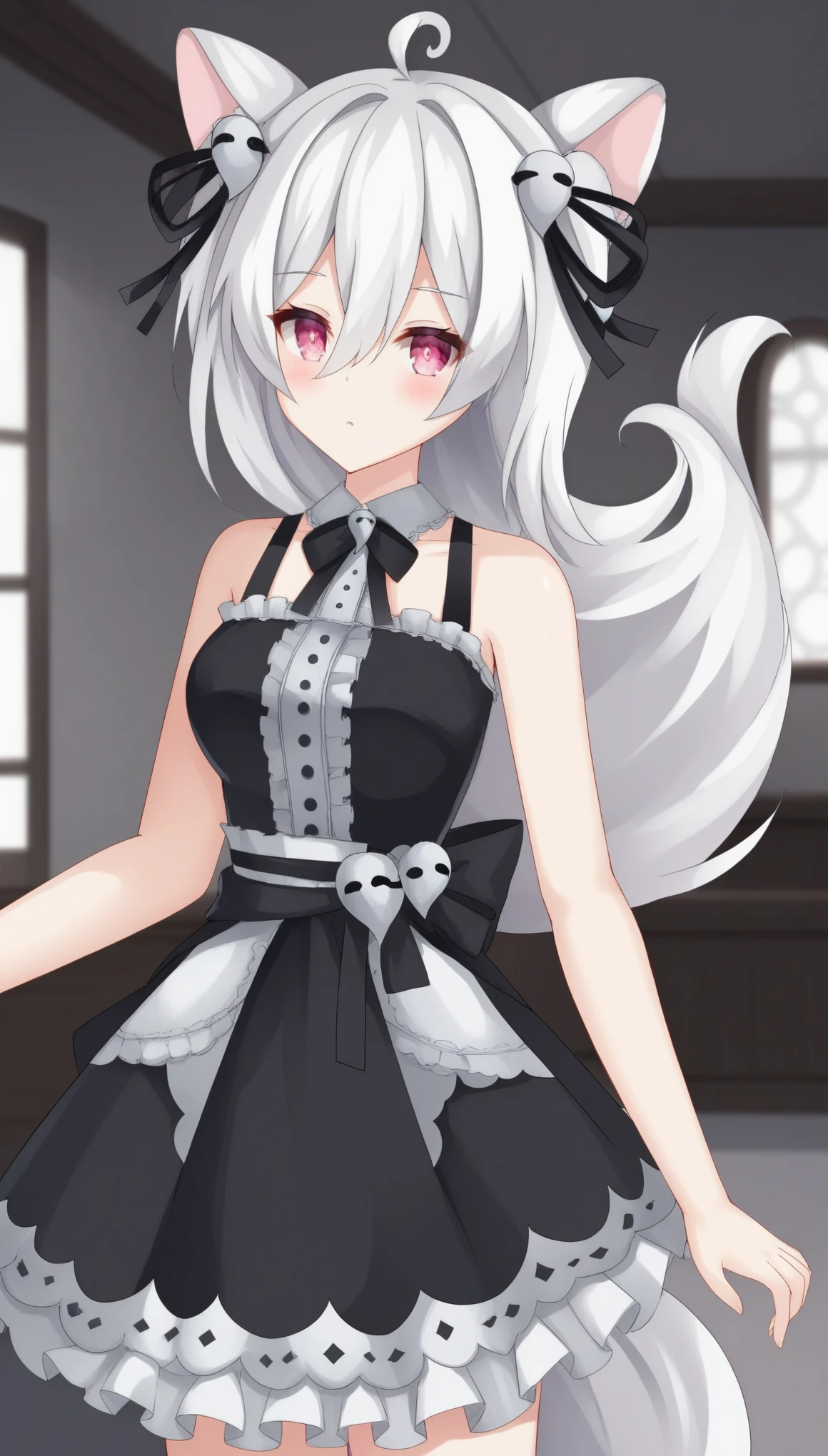 PookyBooVTXL, pink eyes, white hair, long hair, hair between eyes, ahoge, animal ears, (hair ornament:1.2), black dress, bare shoulders, (sleeveless:1.2), skirt, black ribbon, (black ribbon on waist:1.2), solo, standing, looking at viewer, indoors