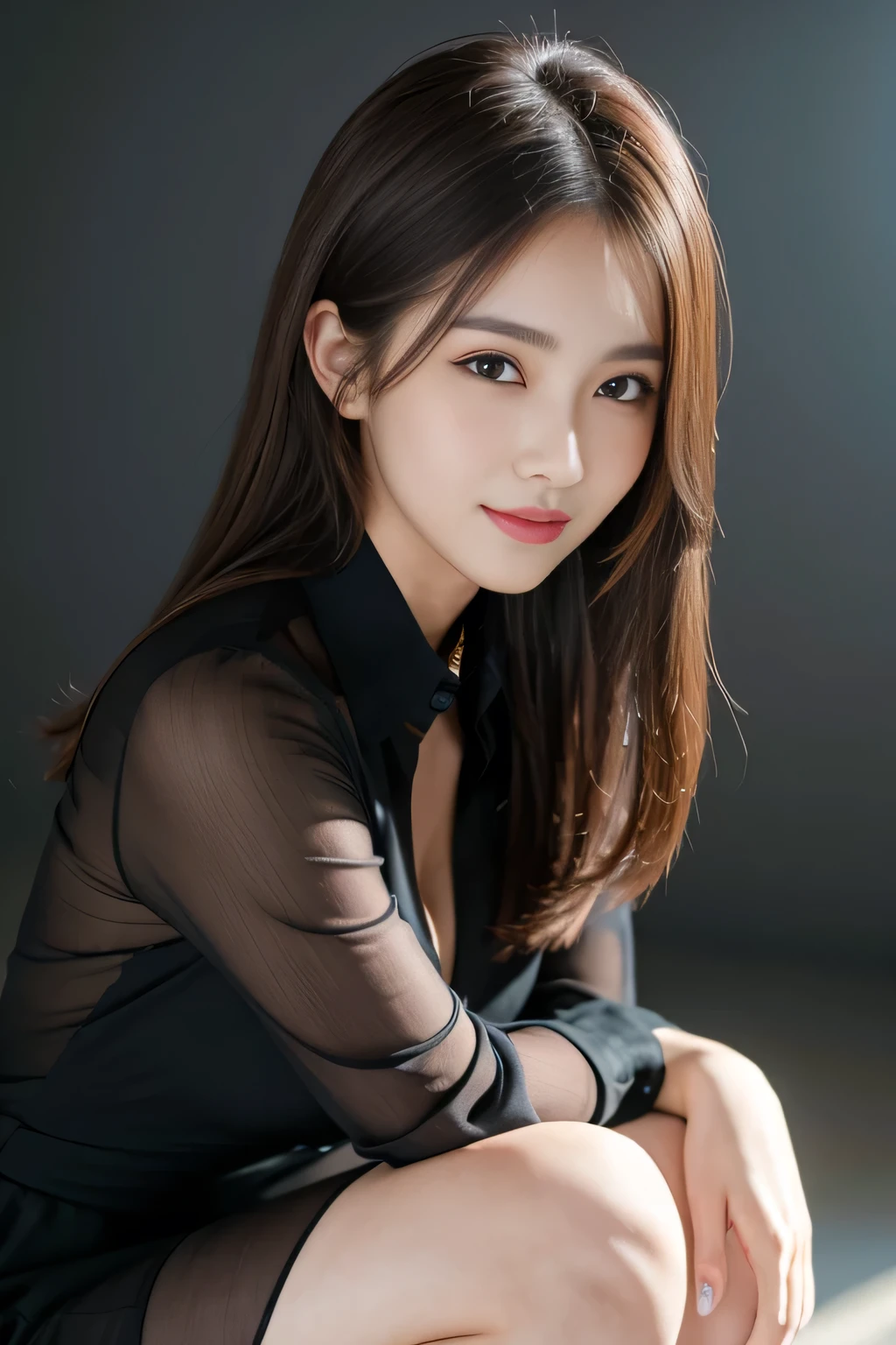(RAW Photos), (Realistic), (masterpiece), (highest quality), High resolution, 8k, (Intricate details), (Volumetric Light), Portraiture, woman,Age 25, Medium Hair, Straight hair, Medium Chest, Layered Hair, Brown Hair, Very beautiful eyes, Source order, Very thin eyebrows, Very fine skin, Very beautiful mouth, Very nice nose, Cute like an idol, smile, (Thick lips), (Looking at the audience), (See-through black collared dress shirt), Above the knee shot