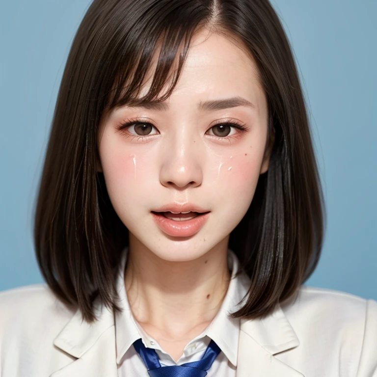 NSFW, (kawaii 24 year-old Japanese girl, Nogizaka idol, Korean idol), (glossy hair, very short hair, bangs:1.3), (beautiful black eyes, rounded face, single eyelid, no makeup:1.4), (embarrassed, noseblush, sex silly, orgasm, empty eyes, half opened mouth:1.6), (cum to face, semen on the face, bukkake:1.6), (wearing suit jacket, collared shirt, necktie:1.3), (extra small breasts:0.9), BREAK, (simple blue background:1.3), (view from forward, bust shot:1.3), BREAK, (masterpiece, best quality, photo realistic, official art:1.4), (UHD, 8K quality wallpaper, high resolution, raw photo, golden ratio:1.3), (shiny skin), professional lighting, physically based rendering, award winning, (highly detailed skin, extremely detailed face and eyes), Carl Zeiss 85 mm F/1.4, depth of field, 1girl, solo,