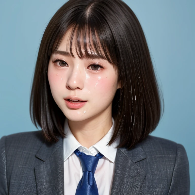 NSFW, (kawaii 24 year-old Japanese girl, Nogizaka idol, Korean idol), (glossy hair, very short hair, bangs:1.3), (beautiful black eyes, rounded face, single eyelid, no makeup:1.4), (embarrassed, noseblush, sex silly, orgasm, empty eyes, half opened mouth:1.6), (cum to face, semen on the face, bukkake:1.6), (wearing suit jacket, collared shirt, necktie:1.3), (extra small breasts:0.9), BREAK, (simple blue background:1.3), (view from forward, bust shot:1.3), BREAK, (masterpiece, best quality, photo realistic, official art:1.4), (UHD, 8K quality wallpaper, high resolution, raw photo, golden ratio:1.3), (shiny skin), professional lighting, physically based rendering, award winning, (highly detailed skin, extremely detailed face and eyes), Carl Zeiss 85 mm F/1.4, depth of field, 1girl, solo,