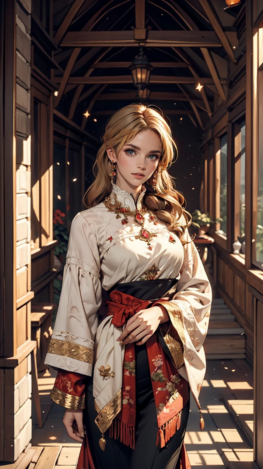 The painting style is quiet、The light is yellow. Home々A distant mountain々Surrounded by, The willows in the courtyard are swaying in the wind. Several layers of pale red curtains、It adds a slightly mystical atmosphere to the deep landscape.。, The woman is alone, Her long hair is scattered freely, And then her figure looms, With a faint smile.