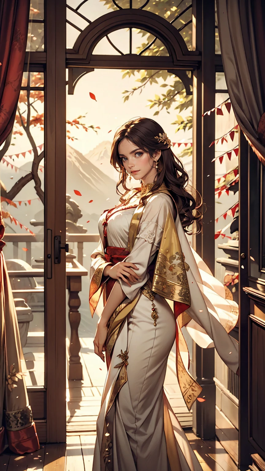 The painting style is quiet、The light is yellow. Home々A distant mountain々Surrounded by, The willows in the courtyard are swaying in the wind. Several layers of pale red curtains、It adds a slightly mystical atmosphere to the deep landscape.。, The woman is alone, Her long hair is scattered freely, And then her figure looms, With a faint smile.