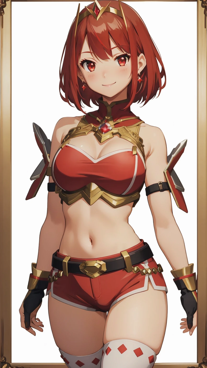 smile,;d,
1girl,red hair,red eyes,earrings,short hair,swept bangs,tiara,gem,sidelocks,floating hair,fingerless gloves,chest jewel,large breasts,shoulder armor,skindentation,covered navel,gem,red armor,leotard,framed breasts,neon trim,scarf,turtleneck,red shorts,red short shorts,red thighhighs,, Exquisite visuals, high-definition,masterpiece,best quality,, Exquisite visuals,high-definition,masterpiece,best quality,18yo,Young female,Beautiful Fingers,Beautiful long legs,Beautiful body,Beautiful character design,white panties,