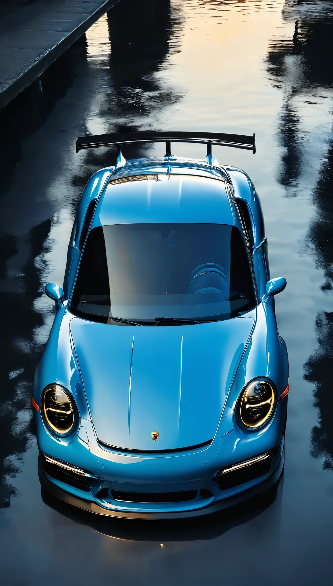 a 2022 blue porsche, reflection, black background, realistic