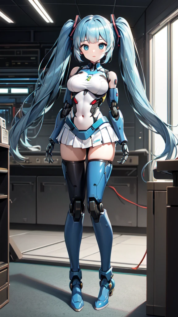 masterpiece, best quality, extremely detailed, 8k portrait, well-toned body,Japaese android Girl, Ultimate physical beauty, huge breasts , announcer,control panels,Robot arms and legs, hatune miku VOCALOID, twin tails, light blue eyes, light blue hair,Mechanical body,Blunt bangs,perfect mechanical abdomen,White robotics parts,perfect robot woman,cyberpank costume,She is powered by electricity,future laboratory,perfect plastic body,perfect mechanical body,black sponge joints,The removable cover is on the groin,The connection port is on the groin,opened chest panel,access panel on the chest,opened breast panel,perfect mechanical breast,machine body,white robot body,ceramic breast,perfect plastic breast,She has been assembled by robotarm,assembly plant,miniskirt,pleated skirt,boots,perfect future costume,perfect mechanical bodycover,separate booth,She has storaged in the booth,costume with aqua accents,