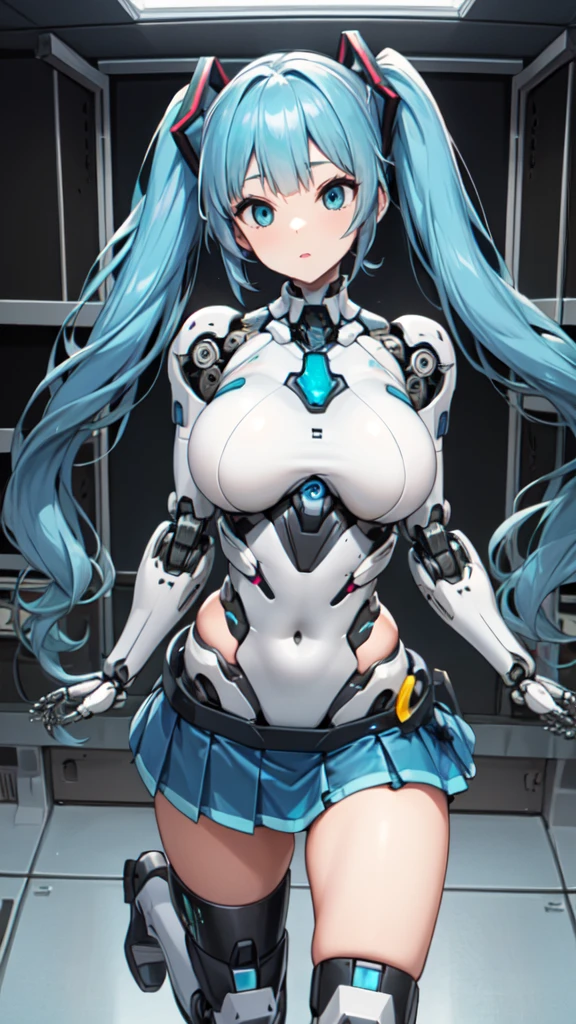masterpiece, best quality, extremely detailed, 8k portrait, well-toned body,Japaese android Girl, Ultimate physical beauty, huge breasts , announcer,control panels,Robot arms and legs, hatune miku VOCALOID, twin tails, light blue eyes, light blue hair,Mechanical body,Blunt bangs,perfect mechanical abdomen,White robotics parts,perfect robot woman,cyberpank costume,She is powered by electricity,future laboratory,perfect plastic body,perfect mechanical body,black sponge joints,The removable cover is on the groin,The connection port is on the groin,opened chest panel,access panel on the chest,opened breast panel,perfect mechanical breast,machine body,white robot body,ceramic breast,perfect plastic breast,She has been assembled by robotarm,assembly plant,miniskirt,pleated skirt,boots,perfect future costume,perfect mechanical bodycover,separate booth,She has storaged in the booth,costume with aqua accents,