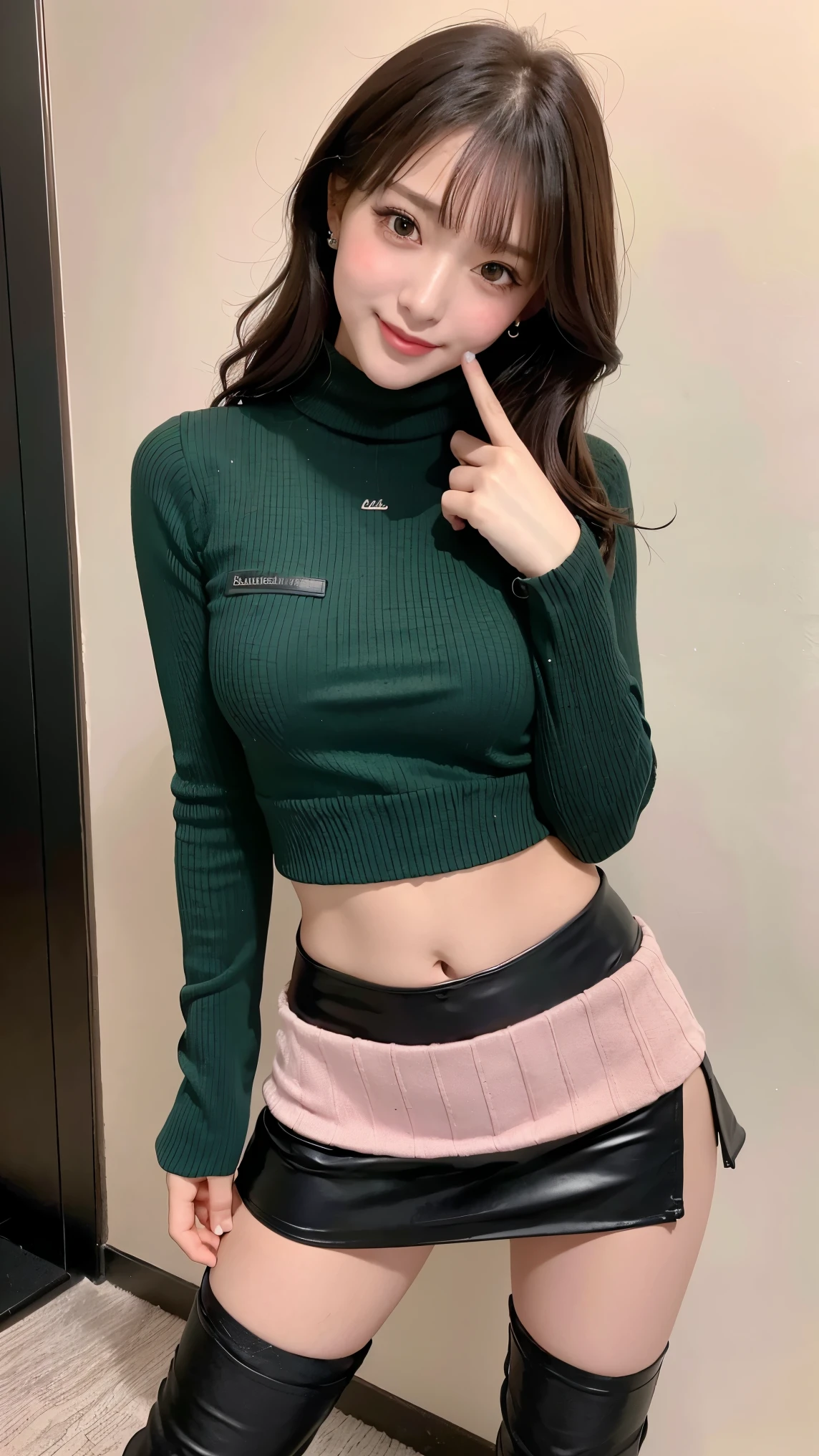(8k), (highest quality: 1.2), (Realistic), (Realistic: 1.37), Ultra-high resolution, 1 girl, cute, Embarrassed expression,smile, (Blushing:1.4),Mouth closed, Beautiful details, Beautiful Nose, whole body, smooth black hair, Giant Dulcefo, pork, Thighs,Leather mini skirt,There is a slit in the skirt,Leather platform boots,Dark green turtleneck knit,No sleeve,cute like an idol,Sculpture Pose,濡れて光るThighsにクローズアップ,belly button