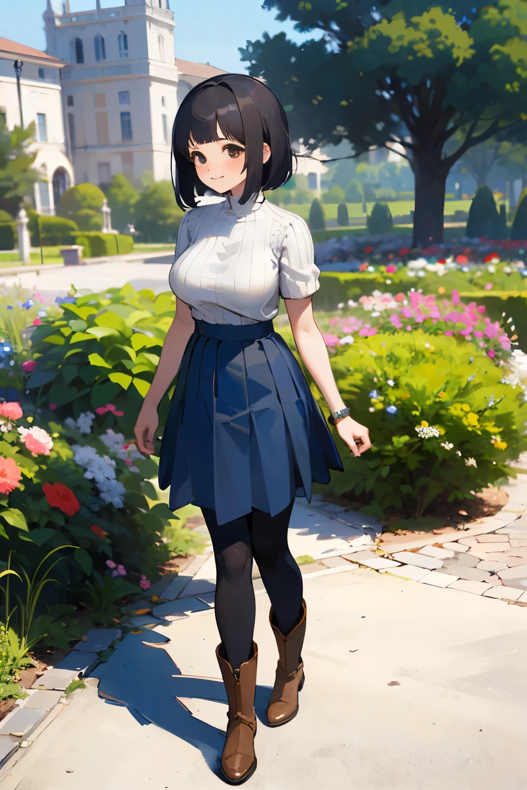 (high quality, High resolution, Very detailed, reality:1.37), Peaceful atmosphere, (Outdoor, garden), Teenage girl standing alone, (my breasts are big.), Beautiful details, Cute Smile, (Black bob hair), Short sleeve ribbed sweater, Blue Skirt, Black tights, Brown boots.