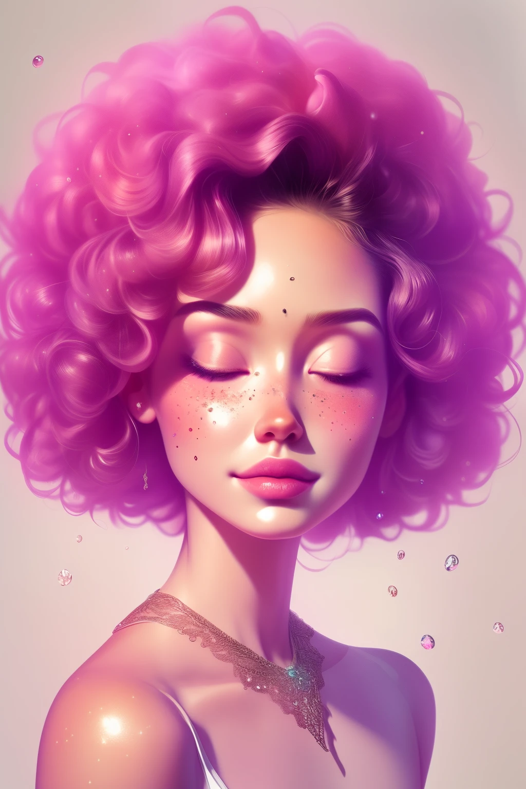 (This is a beautiful fantasy image that feels interesting and emphasizes glitter and iridescence.) Generate a ((blind)) curvy woman with colorful curly hair and milky white eyes. Her face is important and is perfectly formed with puffy lips and perfect features. (Her eyes are critically important and are (blank) and (solid white)). The image exudes ethereal beauty and soft fantasy. Include sweet and detailed birds and soft, luminous flowers. The image's background is decorated in shades of pink, shimmer, glitter, and fantasy details like colored bubbles and cosmos. Utilize dynamic composition to create a compelling and action-packed image. Dramatic lighting and cinematic lighting enhance the woman's beauty and the soft colors in the artwork. Perspective: in front of woman. Include fantasy, cute, colorful, colourful, interesting magic background, ((((blank eyes)))), ((((empty white eyes)))), (shirome eyes:1.3), (smirking), (perfectly rendered solid whiteeyes), ((short neck)), ((birthmark on lip)), ((pretty lips)), beautiful background, complex background, sweet background