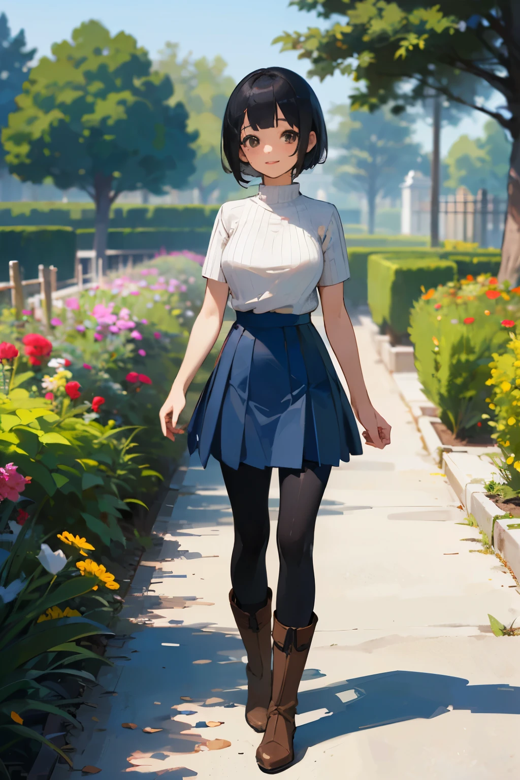 (high quality, High resolution, Very detailed, reality:1.37), Peaceful atmosphere, (Outdoor, garden), age girl standing alone, (my breasts are big.), Beautiful details, Cute Smile, (Black bob hair), Short sleeve ribbed sweater, Blue Skirt, Black tights, Brown boots.