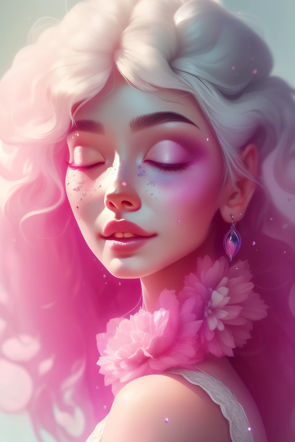 (This is a beautiful fantasy image that feels interesting and emphasizes glitter and iridescence.) Generate a ((blind)) curvy woman with colorful curly hair and milky white eyes. Her face is important and is perfectly formed with puffy lips and perfect features. (Her eyes are critically important and are (blank) and (solid white)). The image exudes ethereal beauty and soft fantasy. Include sweet and detailed birds and soft, luminous flowers. The image's background is decorated in shades of pink, shimmer, glitter, and fantasy details like colored bubbles and cosmos. Utilize dynamic composition to create a compelling and action-packed image. Dramatic lighting and cinematic lighting enhance the woman's beauty and the soft colors in the artwork. Perspective: in front of woman. Include fantasy, cute, colorful, colourful, interesting magic background, ((((blank eyes)))), ((((empty white eyes)))), (shirome eyes:1.3), (smirking), (perfectly rendered solid whiteeyes), ((short neck)), ((birthmark on lip)), ((pretty lips)), beautiful background, complex background, sweet background