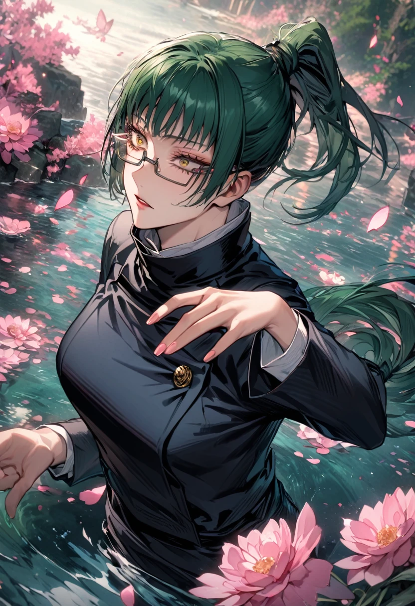 Ultra detailed, Highres, absurdres, HDR, master piece, Zenin Maki, green hair tied in a ponytail, expressive golden eyes, glasses, Jujutsu Kaisen, woman, extremely beautiful, black clothes with patterns, pink flowers, pink butterflies, water, pink petals,