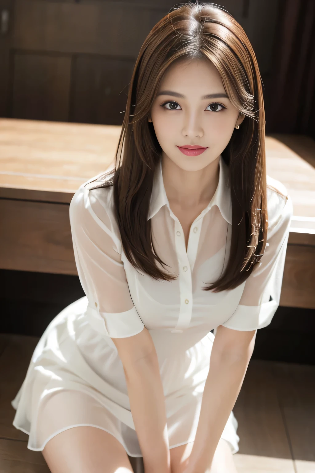 (RAW Photos), (Realistic), (masterpiece), (highest quality), High resolution, 8k, (Intricate details), (Volumetric Light), Portraiture, woman,Age 25, Medium Hair, Straight hair, Medium Chest, Layered Hair, Brown Hair, Very beautiful eyes, Source order, Very thin eyebrows, Very fine skin, Very beautiful mouth, Very nice nose, Cute like an idol, smile, (Thick lips), (Looking at the audience), (See-through pearl white collared dress shirt), Above the knee shot