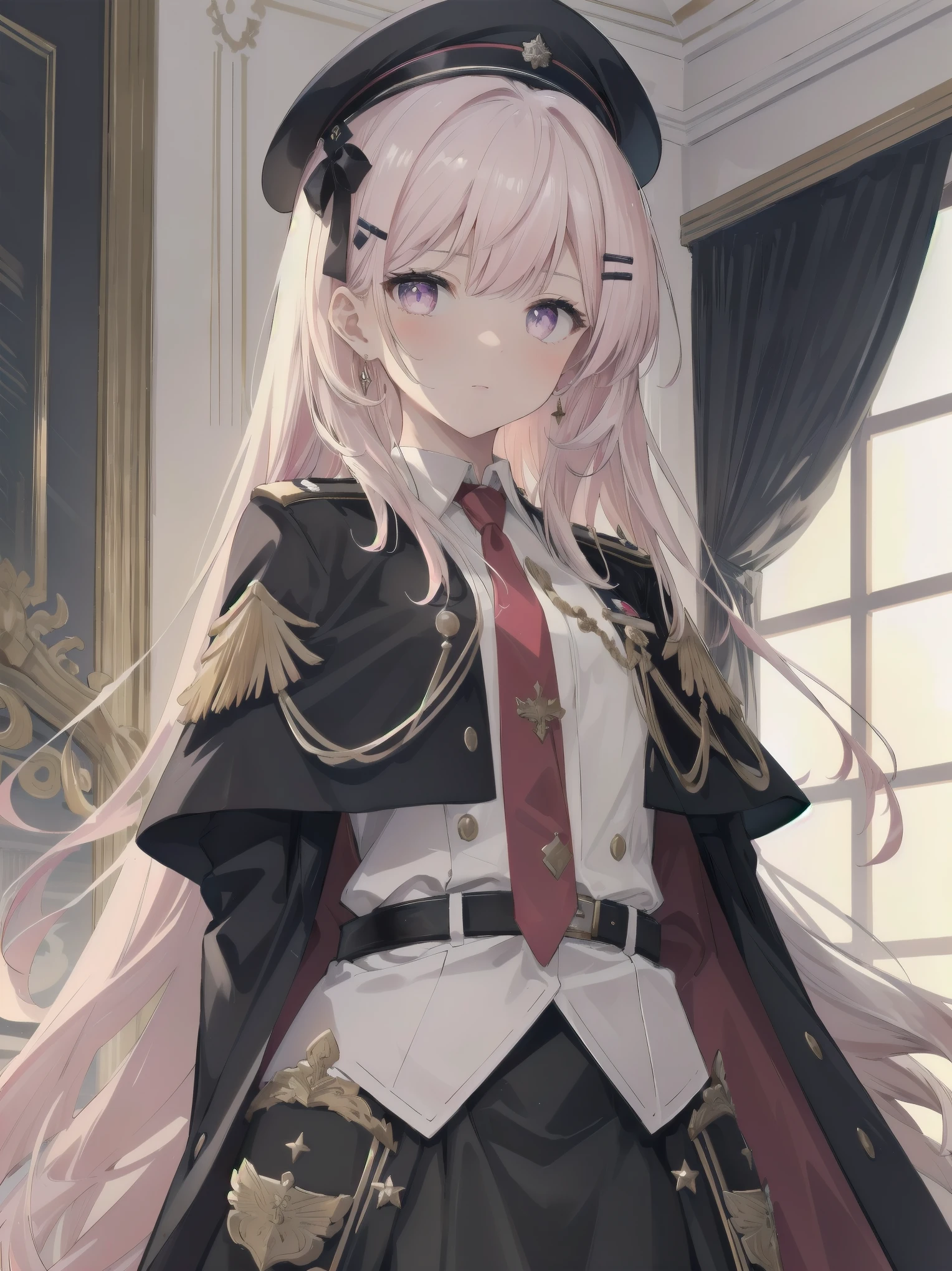 The girl wore a black German military uniform, The girl was draped in a black cloak, surreal, granblue fantasy style, extremely delicate and beautiful, upper body, looking at viewers, focus on eyes, hands behind back, grace, Perfect female body, girlan extremely delicate and beautiful girl, young, Very long hair, sliver hair, big forhead, hair over shoulder, shiny platinum blonde hair, long hair flowing with the wind, detailed face, serious, beatiful detailed eyes, medium chest circumference, white skin, holster, necktie, black capelet, gloves, German military uniform, black gauze skirt, formal, black Clothes, indoors, palace, State banquet, best masterpiece, hyper quality, ultra-detailed,purple eyes,Military uniform,1girl, solo, long hair, pink hair, hairclip, bangs, pink eyes, , pink bow, white shirt, collared shirt, long sleeves, grey skirt
