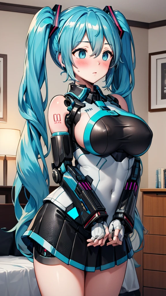 Hatsune Miku Vocaloid, Twin Tails, Light Blue Eyes, Light Blue Hair, Bod ysuit, (mecha girl), Cyber punk, Ultimate Physical Beauty, Beautiful Eyes, big breasts, embarrassed look , bedroom, Bigchest, 8K CG, Top Quality, Best Image Quality,