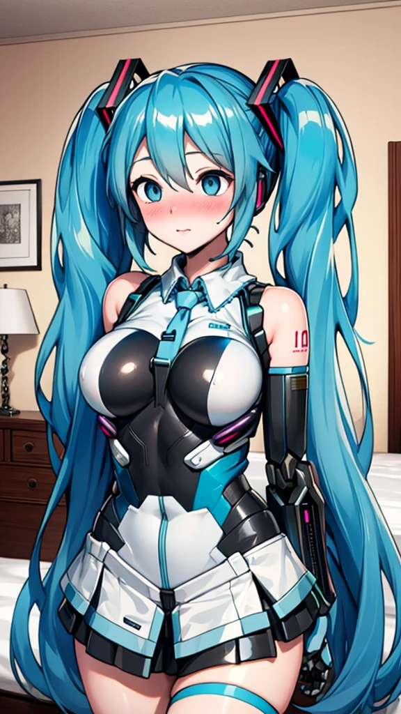 Hatsune Miku Vocaloid, Twin Tails, Light Blue Eyes, Light Blue Hair, Bod ysuit, (mecha girl), Cyber punk, Ultimate Physical Beauty, Beautiful Eyes, big breasts, embarrassed look , bedroom, Bigchest, 8K CG, Top Quality, Best Image Quality,