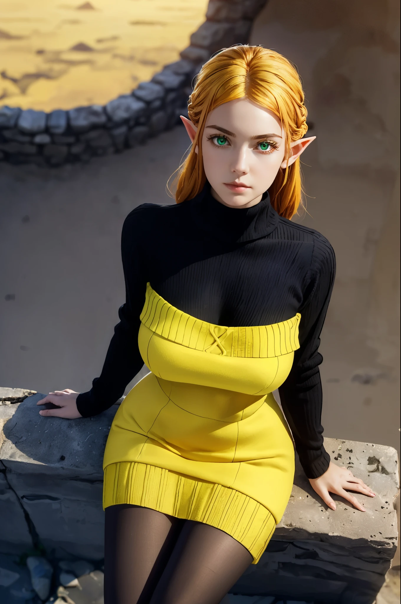 (ultra realistic,32k, masterpiece:1.2),(high detailed skin:1.1),( high quality:1.1),
tsundere elf, long hair, blonde hair, (green eyes:1.1), pointy ears, elf, multicolored hair, forehead jewel,dress, (yellow dress:1.5), long sleeves, turtleneck bodysuit, pantyhose, sweater, (black sweater:1.5),,(looking at viewer, sitting, from above:1.1),, (huge breast,large breast,:1.2),(golden hour:1.1), echoing caverns, reverberating echoes, hidden chambers, ancient echoes of the past, blurry background,