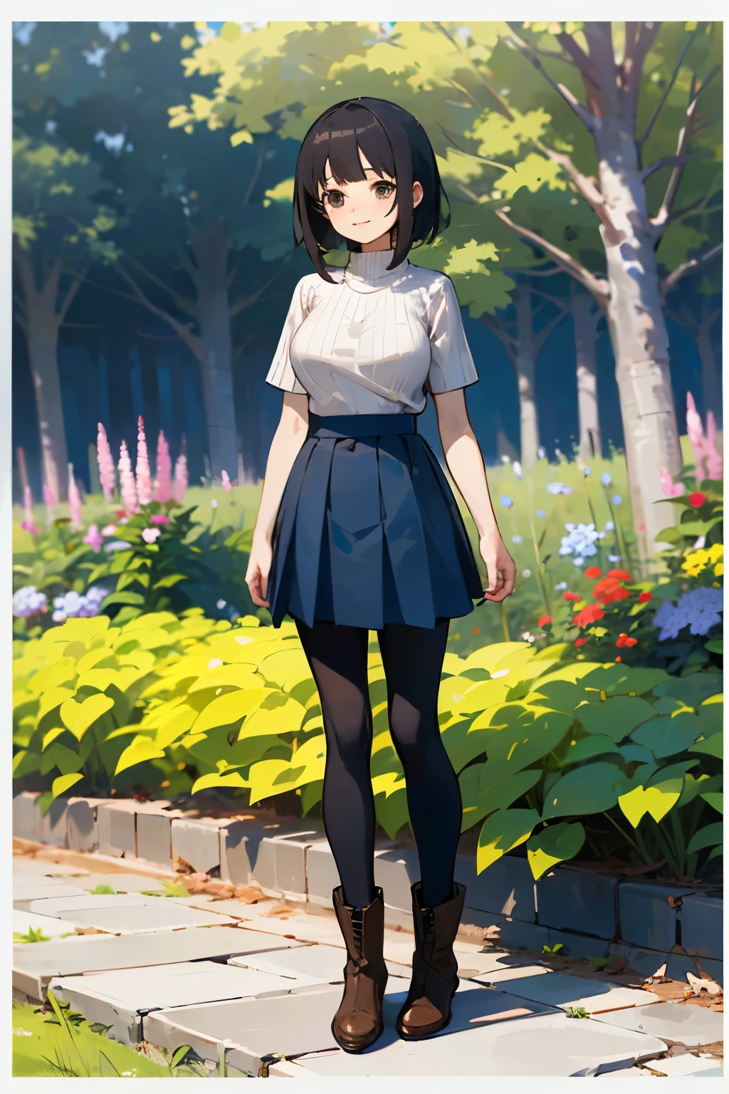 (high quality, High resolution, Very detailed, reality:1.37), Peaceful atmosphere, (Outdoor, garden), Teenage girl standing alone, (my breasts are big.), Beautiful details, Cute Smile, (Black bob hair), Short sleeve ribbed sweater, Blue Skirt, Black tights, Brown boots.