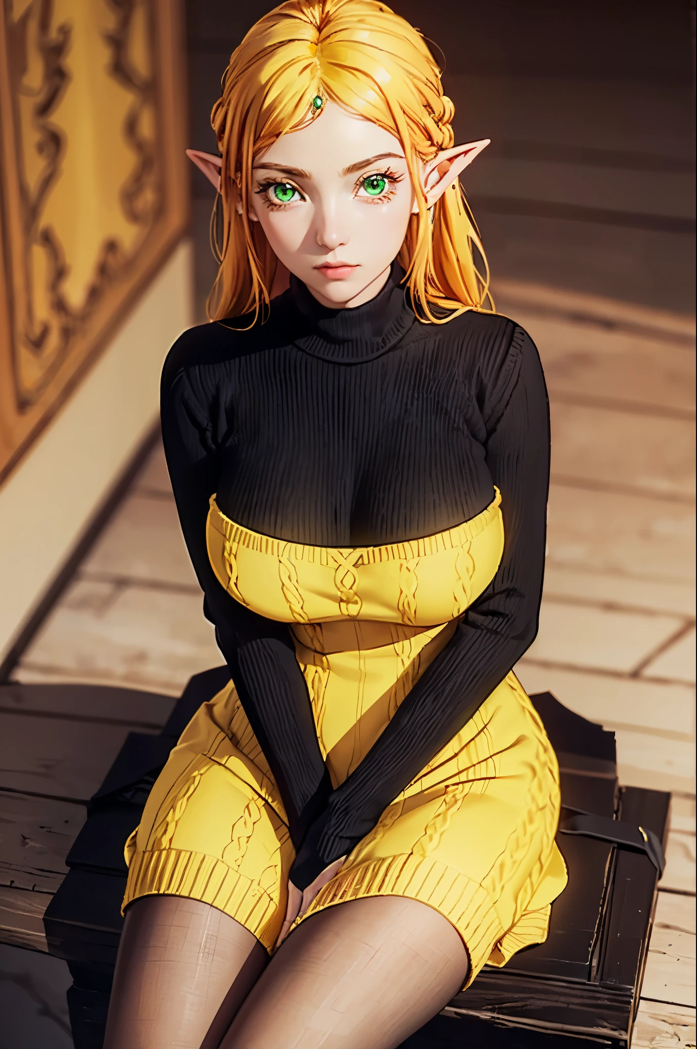 (ultra realistic,32k, masterpiece:1.2),(high detailed skin:1.1),( high quality:1.1),
tsundere elf, long hair, blonde hair, (green eyes:1.1), pointy ears, elf, multicolored hair, forehead jewel,dress, (yellow dress:1.5), long sleeves, turtleneck bodysuit, pantyhose, sweater, (black sweater:1.5),,(looking at viewer, sitting, from above:1.1),, (huge breast,large breast,:1.2),(golden hour:1.1), echoing caverns, reverberating echoes, hidden chambers, ancient echoes of the past,  blurry background,