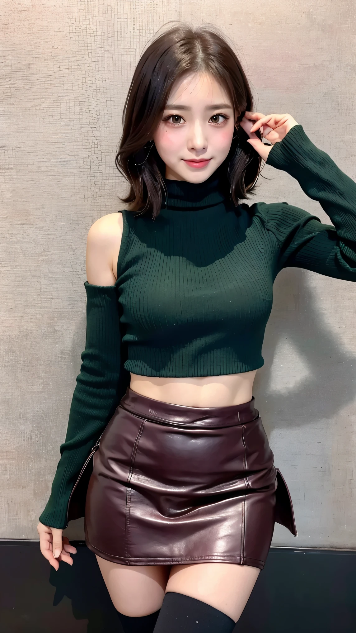 (8k), (highest quality: 1.2), (Realistic), (Realistic: 1.37), Ultra-high resolution, 1 girl, cute, Embarrassed expression,smile, (Blushing:1.4),Mouth closed, Beautiful details, Beautiful Nose, whole body, smooth black hair, Giant Dulcefo, pork, Thighs,Leather mini skirt,(There is a slit in the skirt:1.2),Leather platform boots,Dark green turtleneck knit,(No sleeve:1.2),cute like an idol,Sculpture Pose,(濡れて光るThighsにクローズアップ),belly button