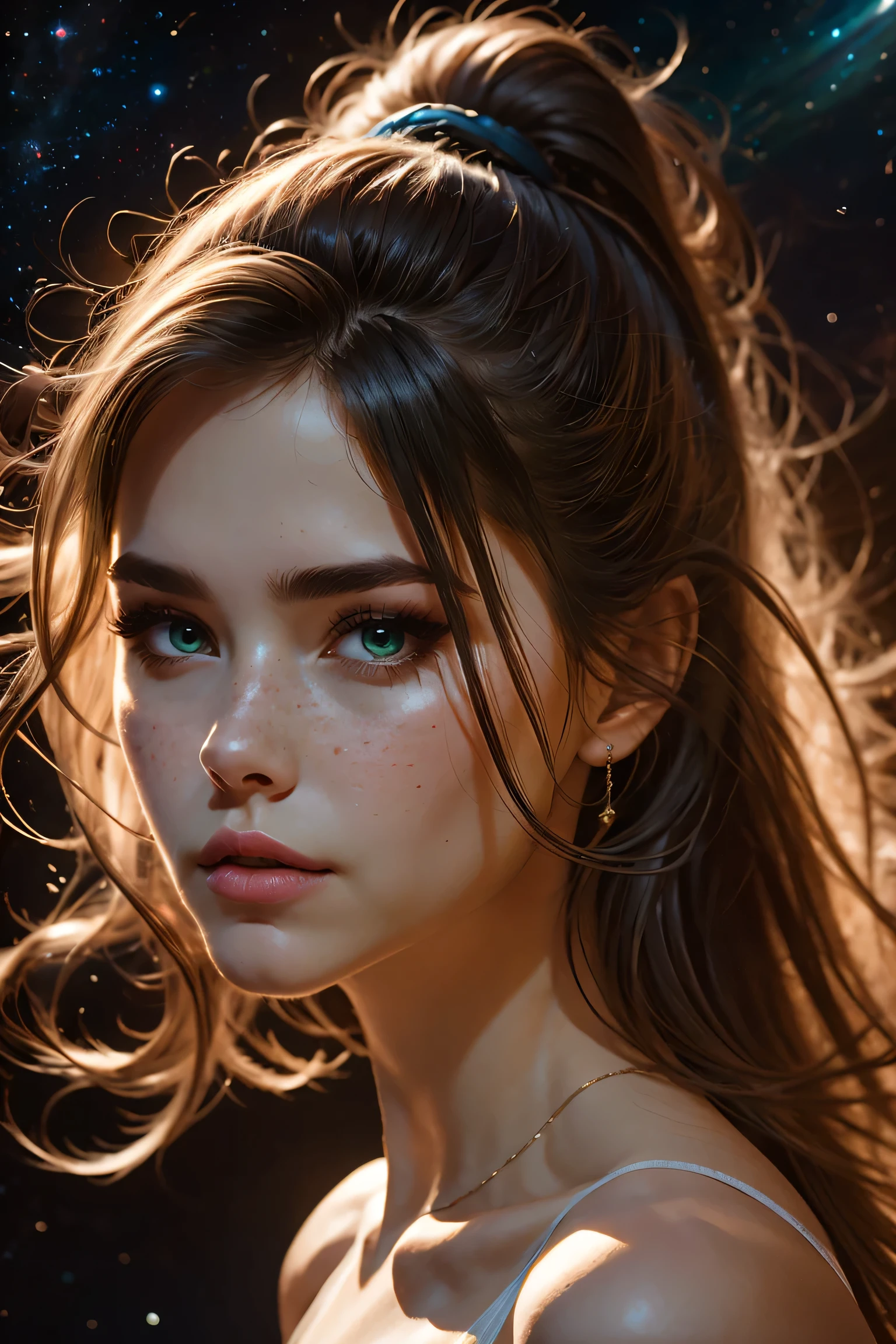 best quality,realistic,portrait,"toppless woman","beautiful detailed eyes","soft and delicate skin","long flowing hair","elegant and graceful pose","subtle lighting","subtle background","oil painting style","vivid colors" very slutty ,space background 