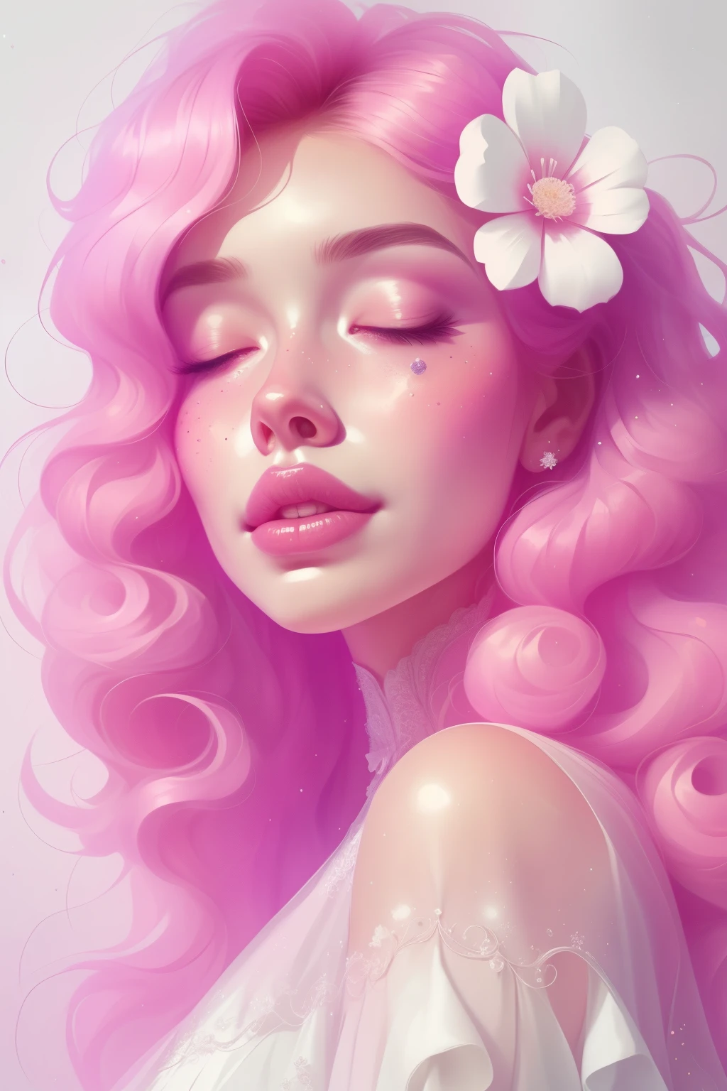 (This is a beautiful fantasy image that feels interesting and emphasizes glitter and iridescence.) Generate a ((blind)) curvy woman with colorful curly hair and milky white eyes. Her face is important and is perfectly formed with puffy lips and perfect features. (Her eyes are critically important and are (blank) and (solid white)). The image exudes ethereal beauty and soft fantasy. Include sweet and detailed birds and soft, luminous flowers. The image's background is decorated in shades of pink, shimmer, glitter, and fantasy details like colored bubbles and cosmos. Utilize dynamic composition to create a compelling and action-packed image. Dramatic lighting and cinematic lighting enhance the woman's beauty and the soft colors in the artwork. Perspective: in front of woman. Include fantasy, cute, colorful, colourful, interesting magic background, ((((blank eyes)))), ((((empty white eyes)))), (shirome eyes:1.3), (smirking), (perfectly rendered solid whiteeyes), ((short neck)), ((birthmark on lip)), ((pretty lips)), beautiful background, complex background, sweet background