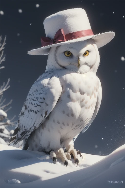 White snow owl with a bow on it. Cuello y un sombrero 
