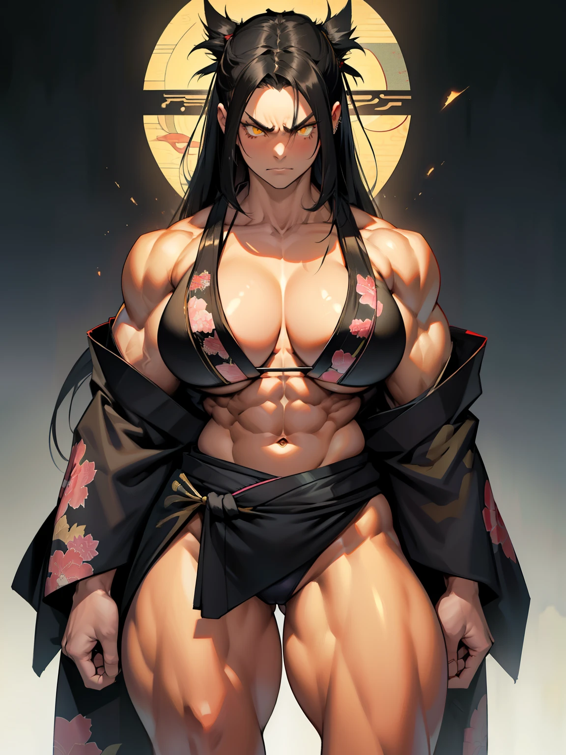 1girl, black hair, (extremely long hair), yellow eyes, ((((((muscular)))))), ((((kimono)))), (((huge breasts))), (((thick thighs))), solo, navel, abs, angry eyes, standing