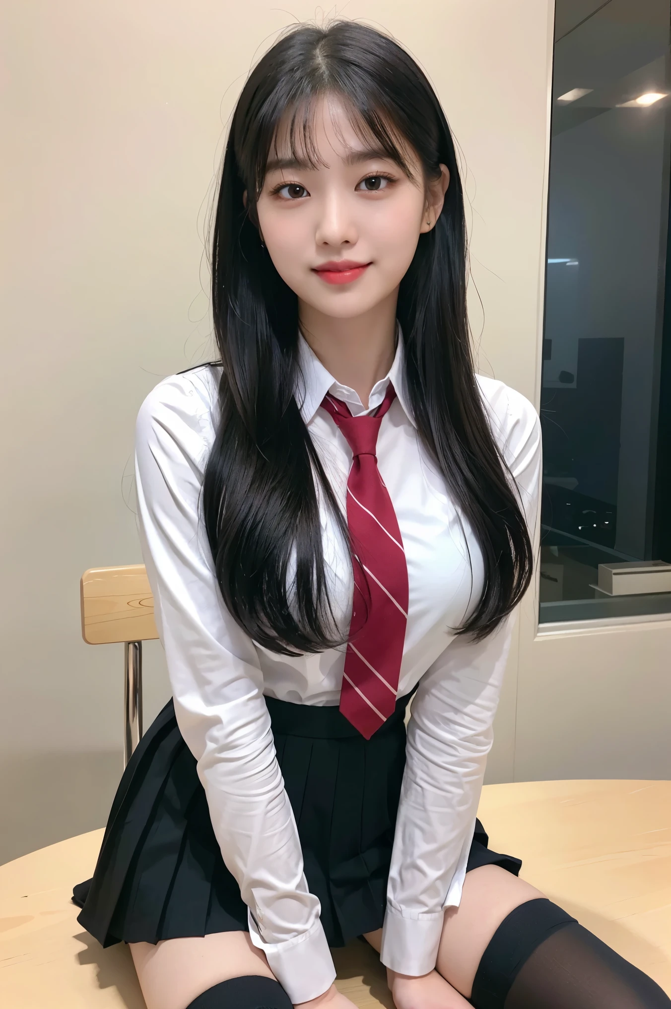 (8k), (highest quality: 1.2), (Realistic), (Realistic: 1.37), Ultra-high resolution, (1 girl, cute, smile, Mouth closed, Thick lips,Red lips,Beautiful details, Beautiful Nose, (Straight black hair), Giant Dulcefo, Self Snap,(school uniform),White shirt,tie,Pleated skirt,(Knee-high socks),Brushing my hair back in the city at night,Face close-up,