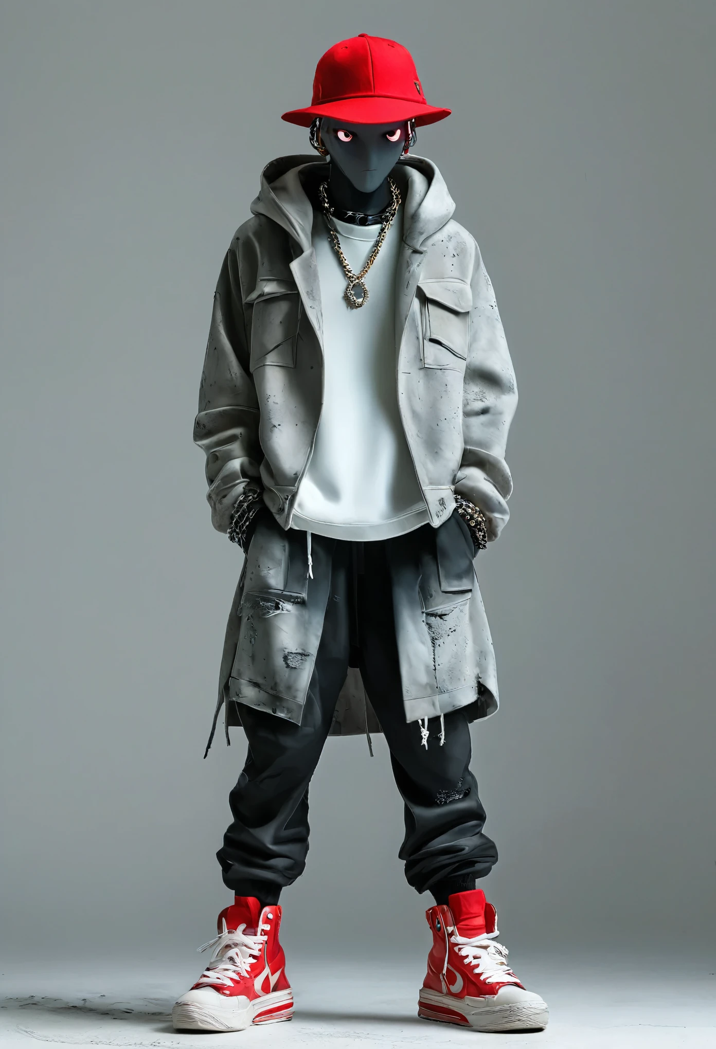 1Concrete Sculpture,bracelet,full body,gradient,,hat,hoodie,jacket,jewelry,male focus,open clothes,open jacket,pants,red eyes,shoes,sneakers,solo,standing