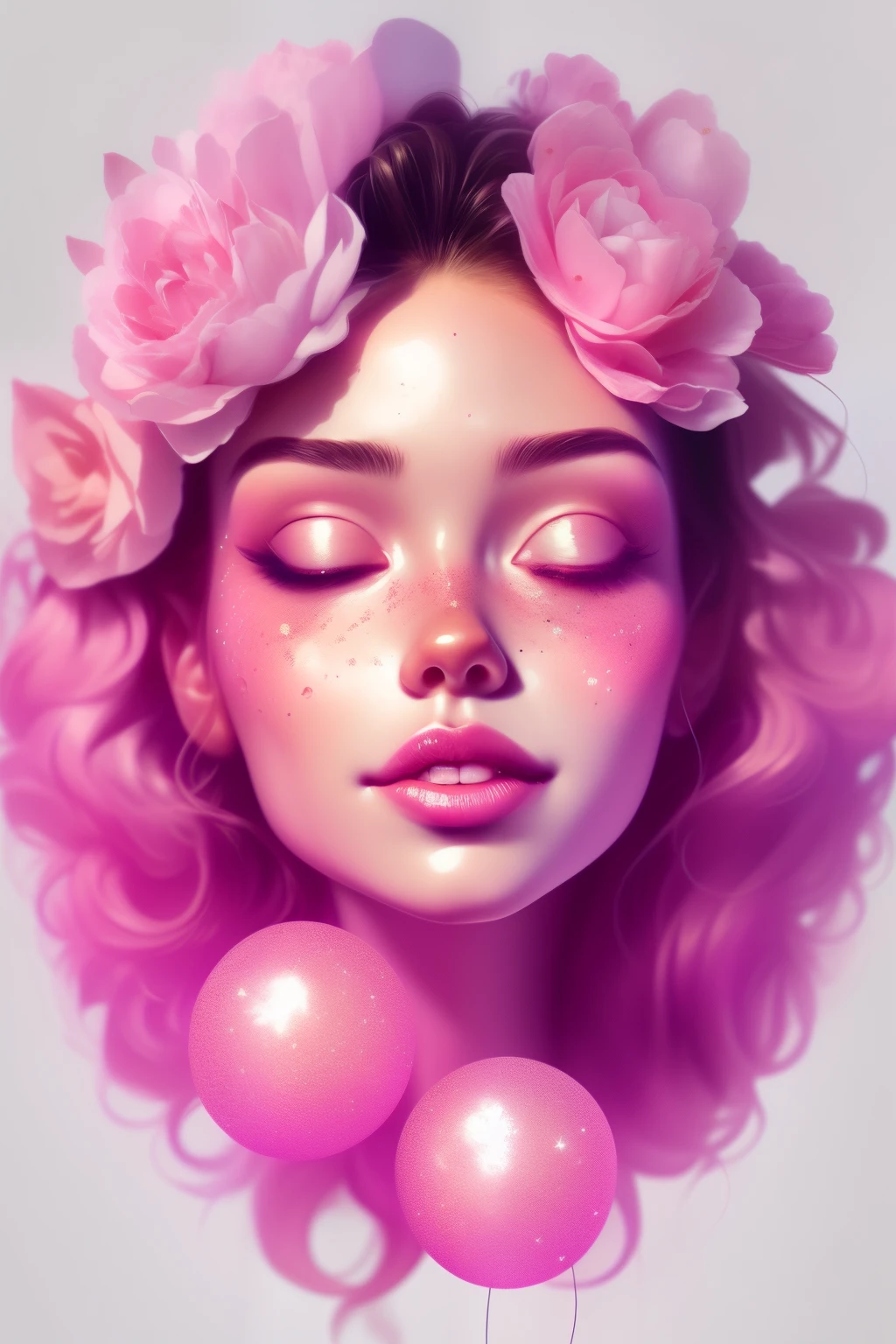 (This is a beautiful fantasy image that feels interesting and emphasizes glitter and iridescence.) Generate a ((blind)) curvy woman with colorful curly hair and milky white eyes. Her face is important and is perfectly formed with puffy lips and perfect features. (Her eyes are critically important and are (blank) and (solid white)). The image exudes ethereal beauty and soft fantasy. Include sweet and detailed birds and soft, luminous flowers. The image's background is decorated in shades of pink, shimmer, glitter, and fantasy details like colored bubbles and cosmos. Utilize dynamic composition to create a compelling and action-packed image. Dramatic lighting and cinematic lighting enhance the woman's beauty and the soft colors in the artwork. (((((Perspective: head on.))))) Include fantasy, cute, colorful, colourful, interesting magic background, ((((blank eyes)))), ((((empty white eyes)))), (shirome eyes:1.3), (smirking), (perfectly rendered solid whiteeyes), ((short neck)), ((birthmark on lip)), ((pretty lips)), beautiful background, complex background, sweet background
