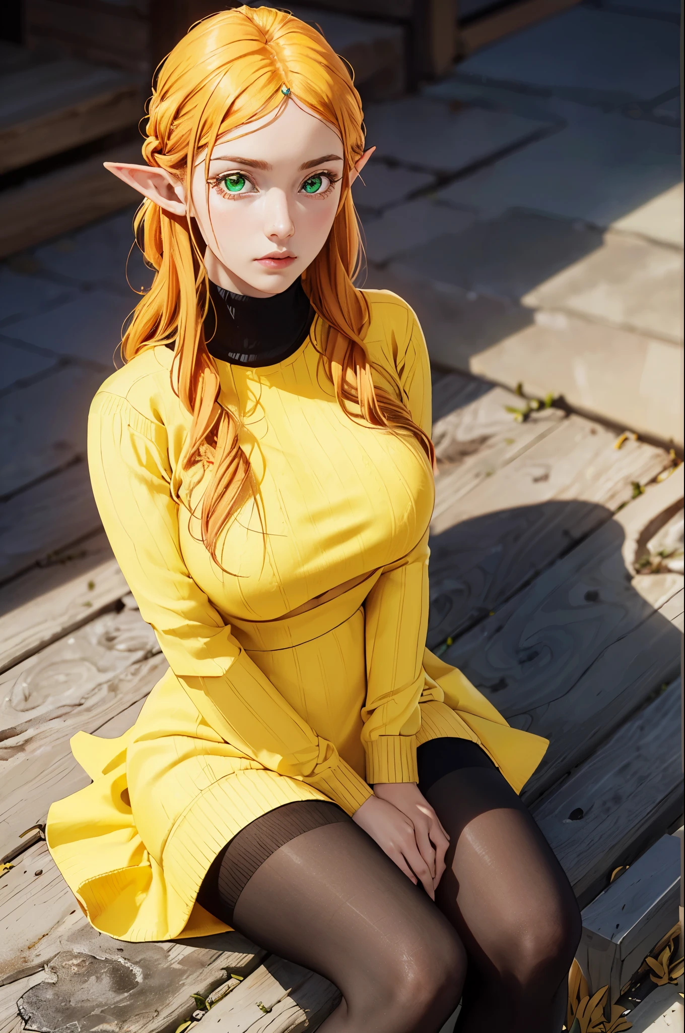 (ultra realistic,32k, masterpiece:1.2),(high detailed skin:1.1),( high quality:1.1),
tsundere elf, long hair, blonde hair, (green eyes:1.1), pointy ears, elf, multicolored hair, forehead jewel,dress, (yellow dress:1.5), long sleeves, turtleneck bodysuit, pantyhose, sweater, (black sweater:1.5),,(looking at viewer, sitting, from above:1.1),, (huge breast,large breast,:1.2),(golden hour:1.1), echoing caverns, reverberating echoes, hidden chambers, ancient echoes of the past,  blurry background,