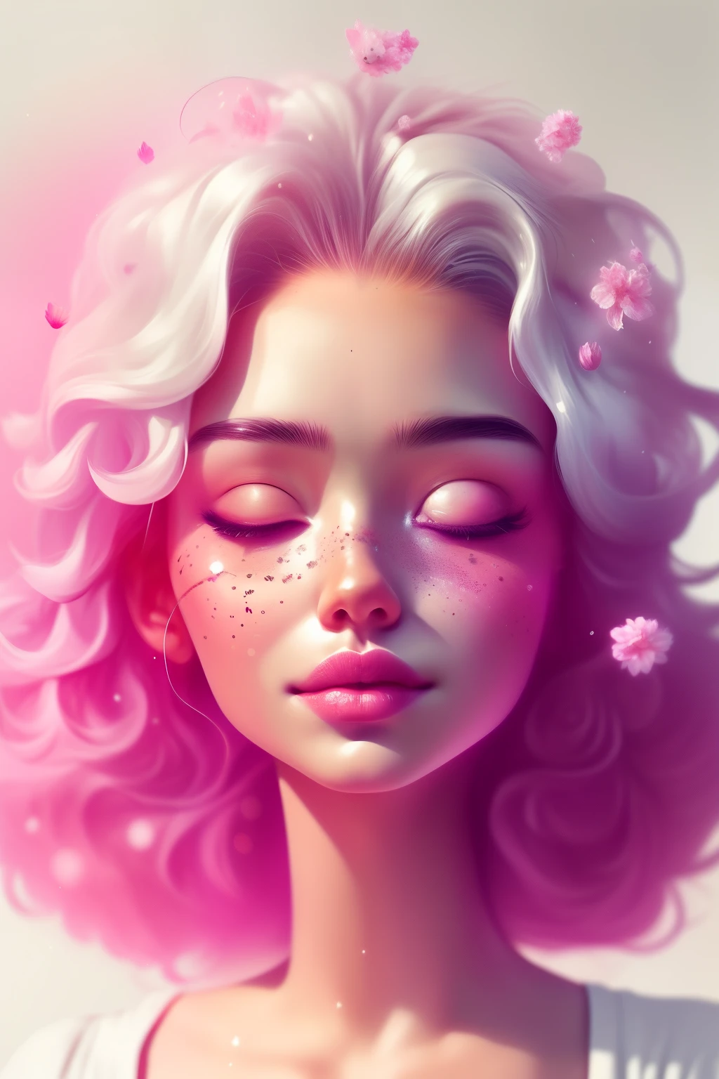 (This is a beautiful fantasy image that feels interesting and emphasizes glitter and iridescence.) Generate a ((blind)) curvy woman with colorful curly hair and milky white eyes. Her face is important and is perfectly formed with puffy lips and perfect features. (Her eyes are critically important and are (blank) and (solid white)). The image exudes ethereal beauty and soft fantasy. Include sweet and detailed birds and soft, luminous flowers. The image's background is decorated in shades of pink, shimmer, glitter, and fantasy details like colored bubbles and cosmos. Utilize dynamic composition to create a compelling and action-packed image. Dramatic lighting and cinematic lighting enhance the woman's beauty and the soft colors in the artwork. (((((Perspective: head on.))))) Include fantasy, cute, colorful, colourful, interesting magic background, ((((blank eyes)))), ((((empty white eyes)))), (shirome eyes:1.3), (smirking), (perfectly rendered solid whiteeyes), ((short neck)), ((birthmark on lip)), ((pretty lips)), beautiful background, complex background, sweet background