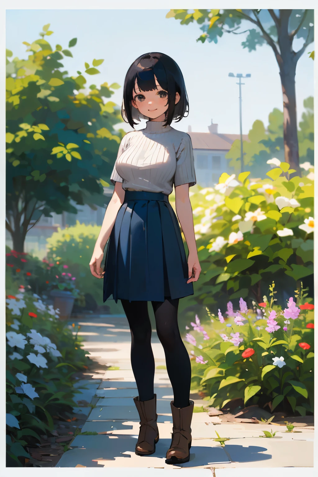 (high quality, High resolution, Very detailed, reality:1.37), Peaceful atmosphere, (Outdoor, garden), Teenage girl standing alone, (my breasts are big.), Beautiful details, Cute Smile, (Black bob hair), Short sleeve ribbed sweater, Blue Skirt, Black tights, Brown boots.