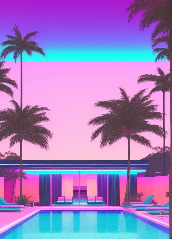 Imagine an artwork steeped in the vaporwave aesthetic of the 80s, deeply influenced by Yoko Honda’s vivid artistic style, but with a minimalist approach. Visualize a retro-futuristic beach and pool scene at sunset, where the sky ignites with intense hues of orange, pink, and red—colors that reflect off the calm waters of the sea and pool, creating a captivating visual effect. Around the pool, neon-lit palm and coconut trees sway gently, enhancing the tropical and otherworldly vibe with sparse but striking placement. Geometric neon lights cast a surreal glow, illuminating the scene with minimal yet effective lighting. The setting includes a stylish, minimalist beachside bar, visible through expansive glass windows. Inside, the bar showcases pastel-colored walls and floors adorned with luxurious terrazzo and marble textures, achieved using Yoko Honda’s signature textured brushes to create a tactile and visually rich surface. This scene merges retro luxury with vibrant, warm color palettes in a minimalist composition, crafting a scene that is not only timeless but also distinctively reminiscent of the 80s and true to Yoko Honda’s style.