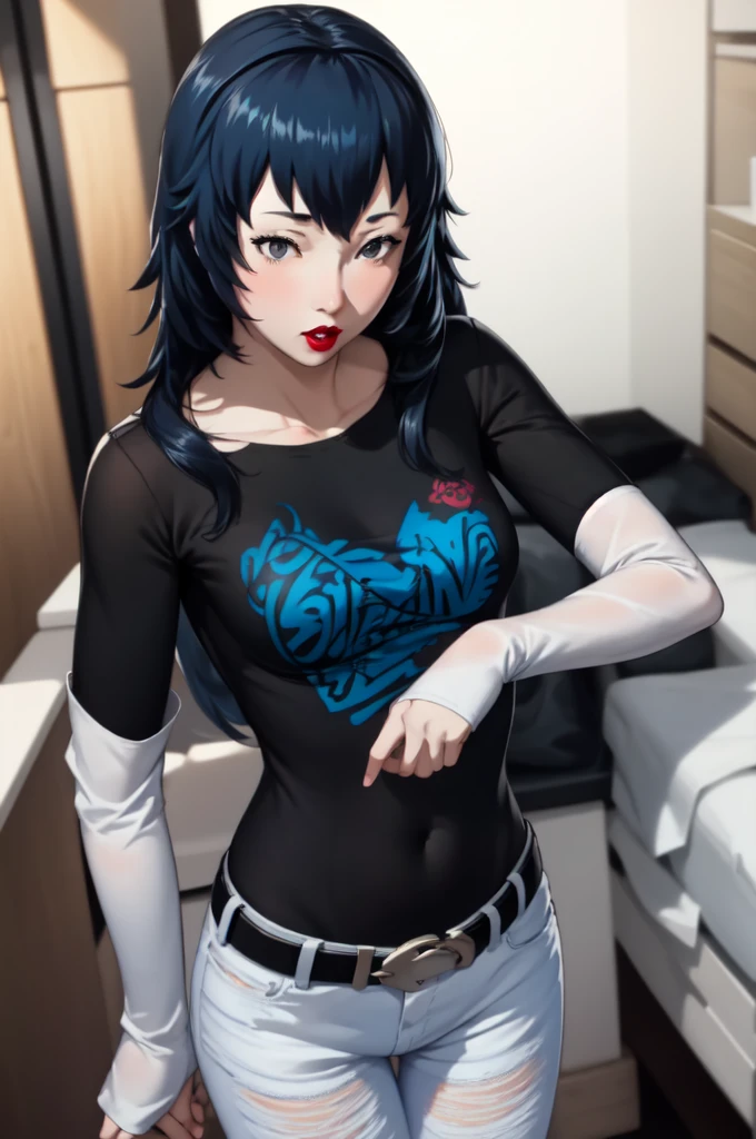 masterpiece, best quality, lucina, blue hair, 1girl, solo, standing, black t-shirt, white shirt, blue jeans, belt, lipstick, large breasts, layered sleeves