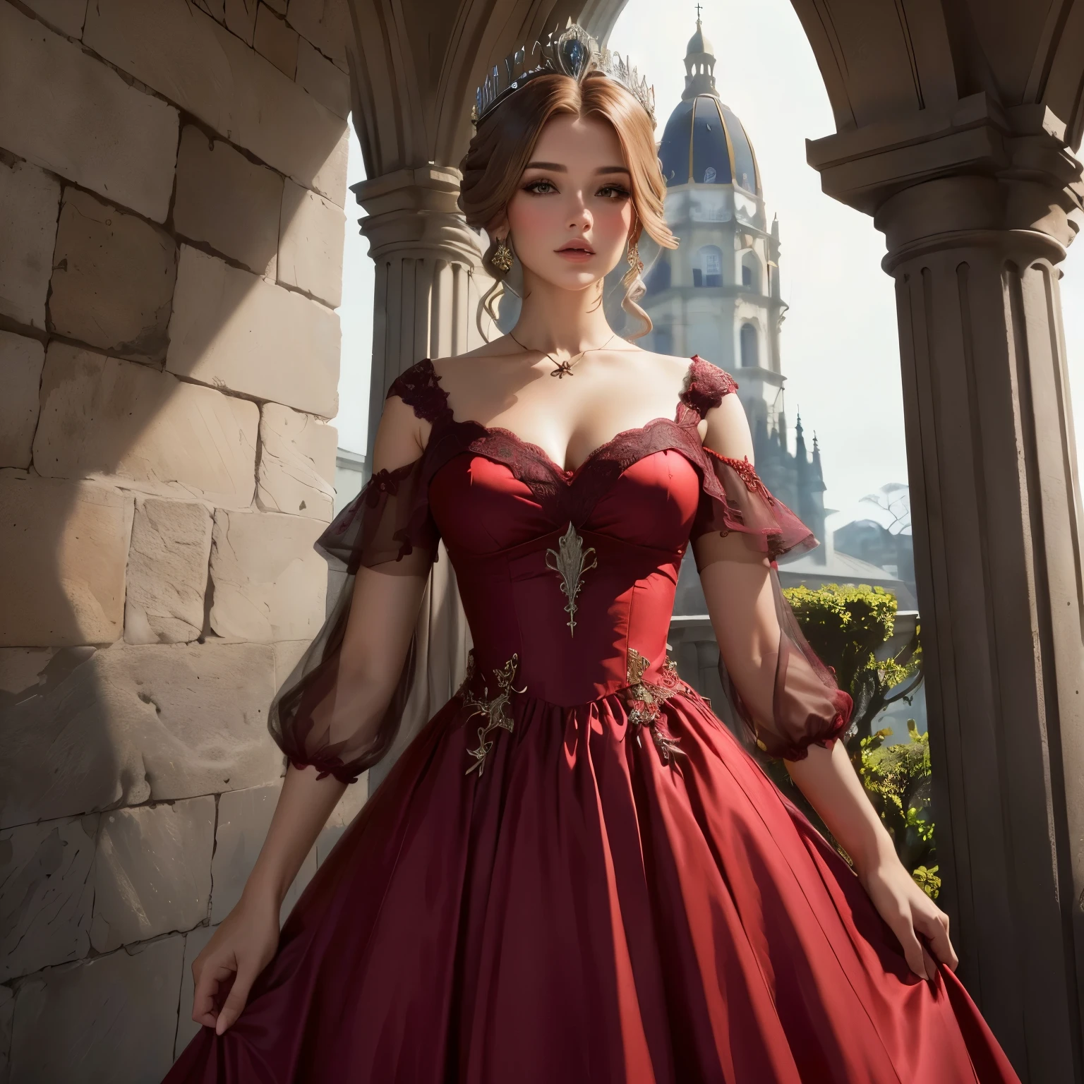 puffy woman in a red dress in front of a building, vestido longo e intricado de fantasia, vestido real, an elegant gothic princess, uma linda imperatriz de fantasia, medieval princess, linda princesa feminina, ornate vestido real, roupas estilo fantasia, vestido real, wearing a magnificent dress, vestido de fantasia, roupas opulentas vermelhas escuras ornamentadas, vestindo roupas formais de fantasia