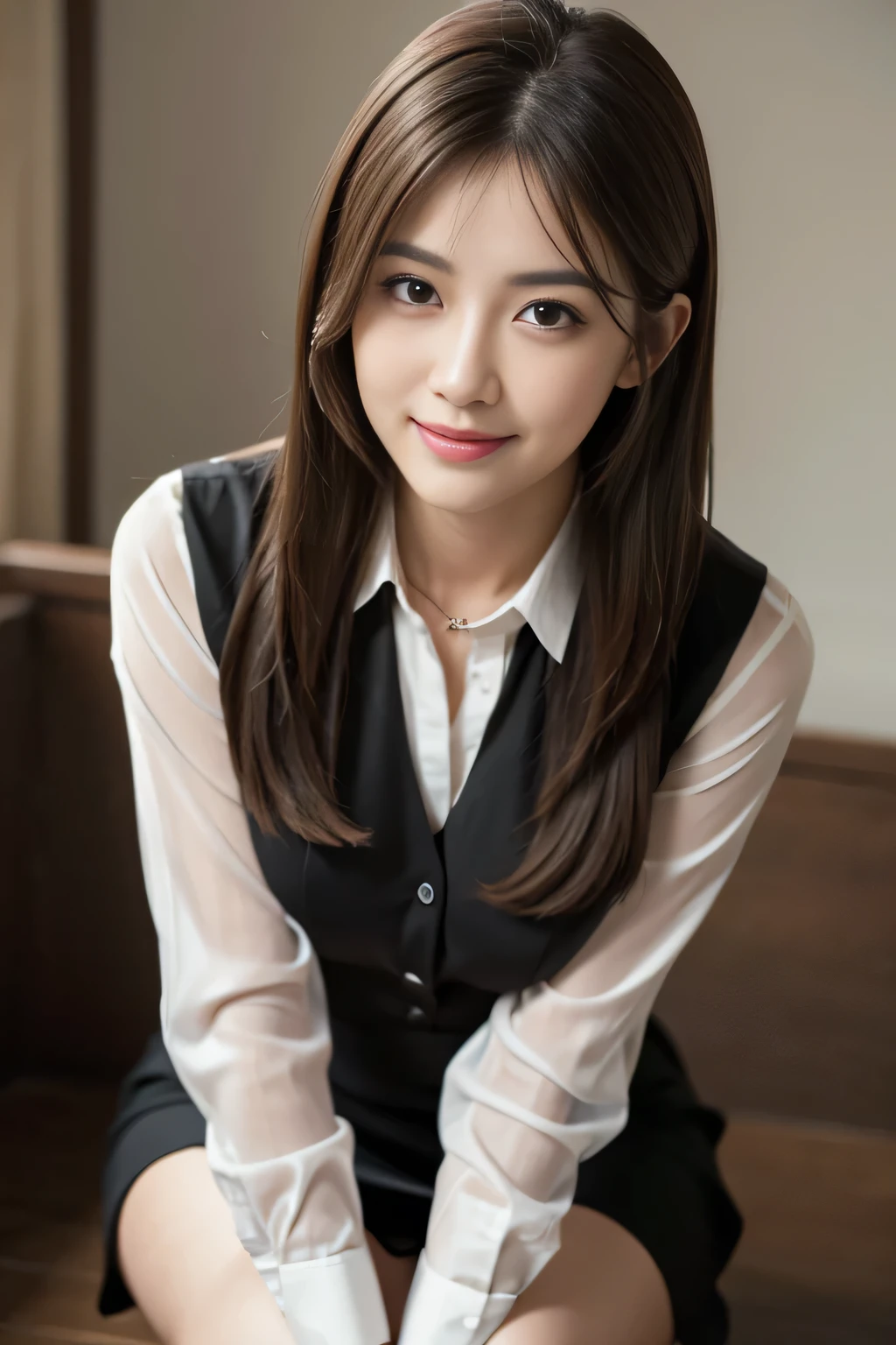 (RAW Photos), (Realistic), (masterpiece), (highest quality), High resolution, 8k, (Intricate details), (Volumetric Light), Portraiture, woman, Age 35, Medium Hair, Straight hair, Medium Chest, Layered Hair, Brown Hair, Very beautiful eyes, Source order, Very thin eyebrows, Very fine skin, Very beautiful mouth, Very nice nose, Cute like an idol, smile, (Thick lips), (Looking at the audience), (See-through black collared dress shirt), Above the knee shot