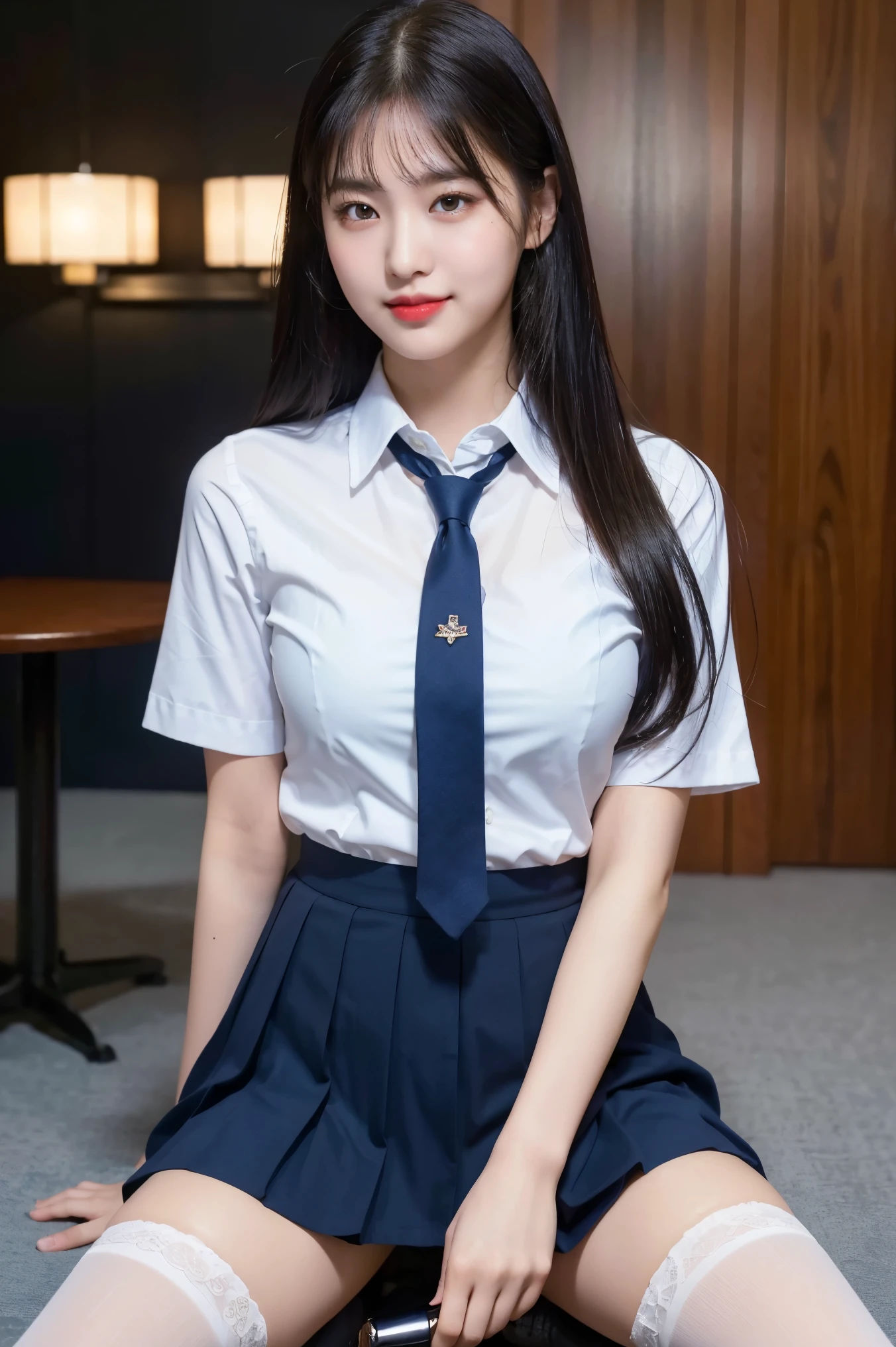 (8k), (highest quality: 1.2), (Realistic), (Realistic: 1.37), Ultra-high resolution, (1 girl, cute, smile, Mouth closed, Thick lips,Red lips,Beautiful details, Beautiful Nose, (Straight black hair), Giant Dulcefo, Self Snap,(school uniform),White shirt,Navy blue tie,Pleated skirt,(Knee-high socks),Night in the City,Brush your hair back,Face close-up,Shiny thighs