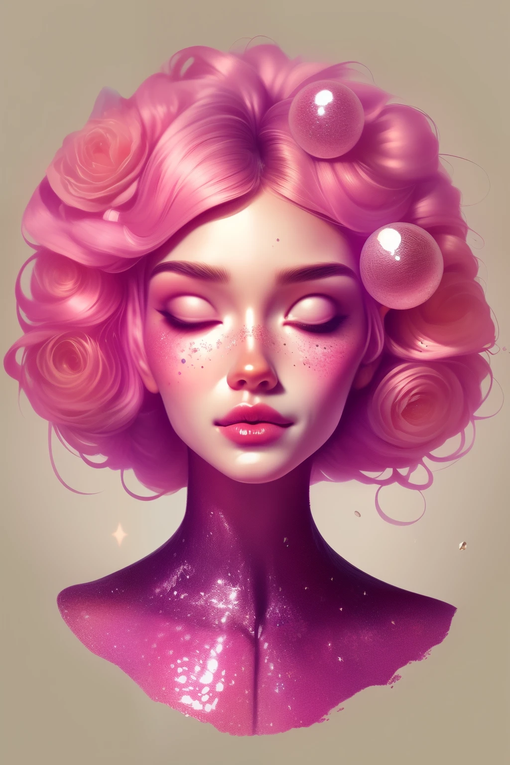 (This is a beautiful fantasy image that feels interesting and emphasizes glitter and iridescence.) Generate a ((blind)) curvy woman with colorful curly hair and milky white eyes. Her face is important and is perfectly formed with puffy lips and perfect features. (Her eyes are critically important and are (blank) and (solid white)). The image exudes ethereal beauty and soft fantasy. Include sweet and detailed birds and soft, luminous flowers. The image's background is decorated in shades of pink, shimmer, glitter, and fantasy details like colored bubbles and cosmos. Utilize dynamic composition to create a compelling and action-packed image. Dramatic lighting and cinematic lighting enhance the woman's beauty and the soft colors in the artwork. (((((Perspective: head on.))))) Include fantasy, cute, colorful, colourful, interesting magic background, ((((blank eyes)))), ((((empty white eyes)))), (shirome eyes:1.3), (smirking), (perfectly rendered solid whiteeyes), ((short neck)), ((birthmark on lip)), ((pretty lips)), beautiful background, complex background, sweet background