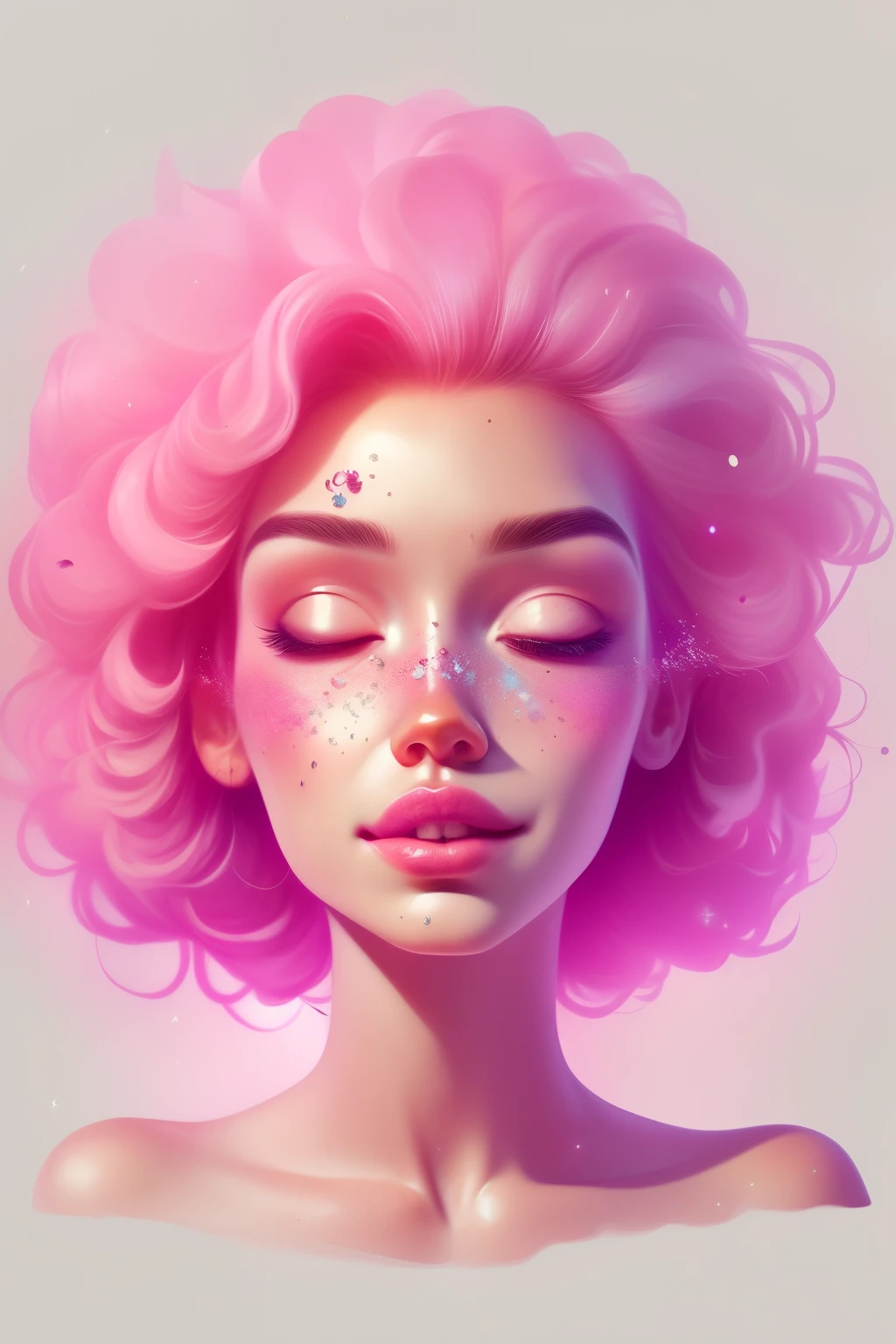 (This is a beautiful fantasy image that feels interesting and emphasizes glitter and iridescence.) Generate a ((blind)) curvy woman with colorful curly hair and milky white eyes. Her face is important and is perfectly formed with puffy lips and perfect features. (Her eyes are critically important and are (blank) and (solid white)). The image exudes ethereal beauty and soft fantasy. Include sweet and detailed birds and soft, luminous flowers. The image's background is decorated in shades of pink, shimmer, glitter, and fantasy details like colored bubbles and cosmos. Utilize dynamic composition to create a compelling and action-packed image. Dramatic lighting and cinematic lighting enhance the woman's beauty and the soft colors in the artwork. (((((Perspective: head on.))))) Include fantasy, cute, colorful, colourful, interesting magic background, ((((blank eyes)))), ((((empty white eyes)))), (shirome eyes:1.3), (smirking), (perfectly rendered solid whiteeyes), ((short neck)), ((birthmark on lip)), ((pretty lips)), beautiful background, complex background, sweet background