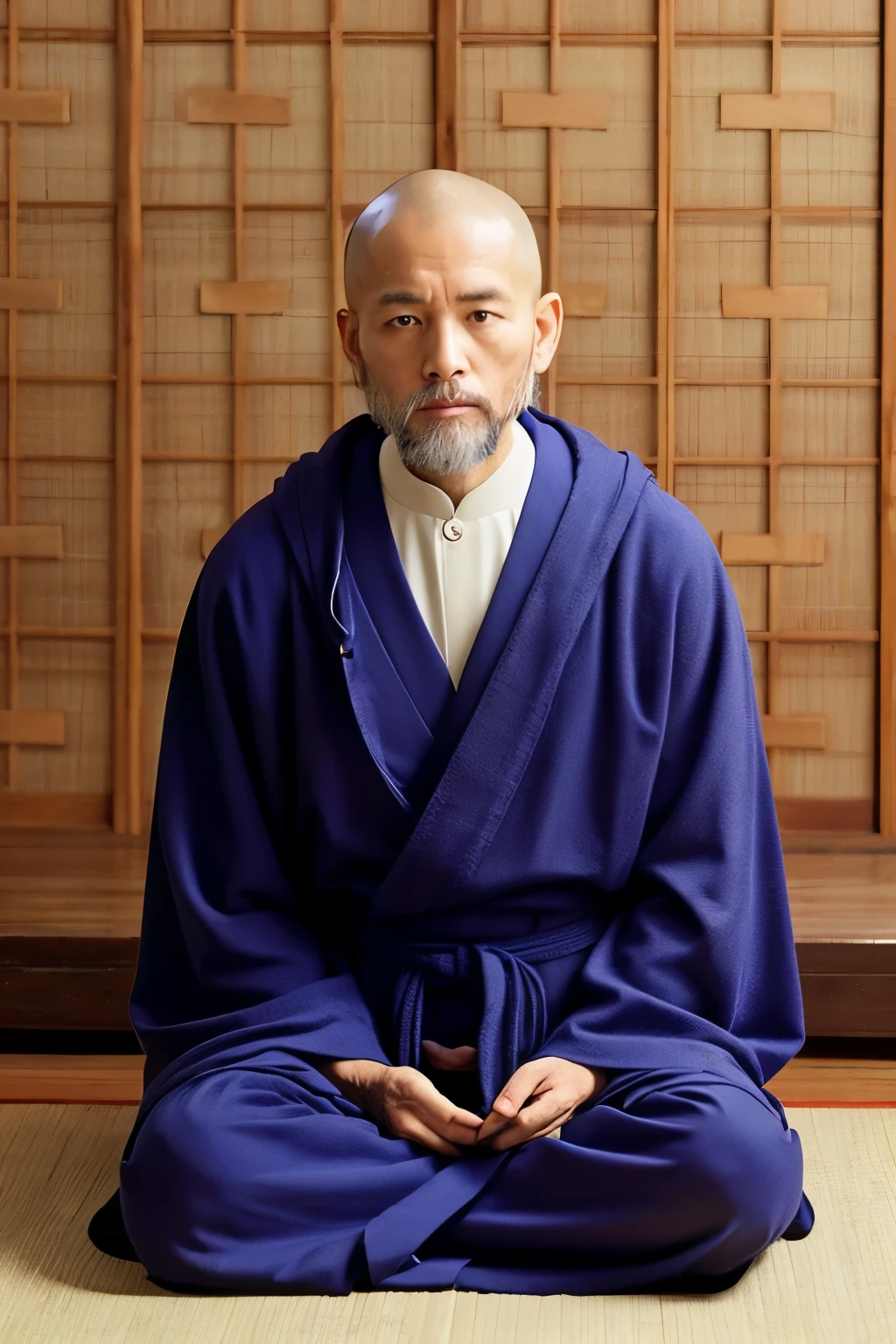 The image of a Japanese monk sitting in a robed robe with a solemn expression on his face、It is a symbol of spirituality and dignity.。They sit quietly、You can see them concentrating on meditation and prayer.。That serious expression、This speaks to a sincere attitude towards training and self-improvement.。As the fabric of the robes sways quietly、They calm their minds、I seek inner peace and mental stability。