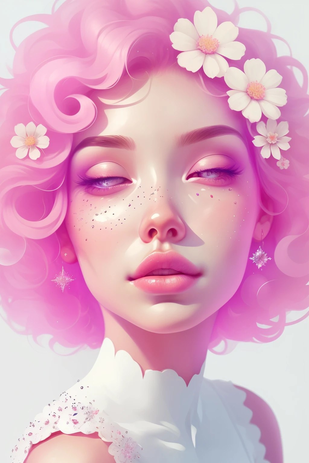 (This is a beautiful fantasy image that feels interesting and emphasizes glitter and iridescence.) Generate a ((blind)) curvy woman with colorful curly hair and milky white eyes. Her face is important and is perfectly formed with puffy lips and perfect features. (Her eyes are critically important and are (blank) and (solid white)). The image exudes ethereal beauty and soft fantasy. Include sweet and detailed birds and soft, luminous flowers. The image's background is decorated in shades of pink, shimmer, glitter, and fantasy details like colored bubbles and cosmos. Utilize dynamic composition to create a compelling and action-packed image. Dramatic lighting and cinematic lighting enhance the woman's beauty and the soft colors in the artwork. (((((Perspective: head on.))))) Include fantasy, cute, colorful, colourful, interesting magic background, ((((blank eyes)))), ((((empty white eyes)))), (shirome eyes:1.3), (smirking), (perfectly rendered solid whiteeyes), ((short neck)), ((birthmark on lip)), ((pretty lips)), beautiful background, complex background, sweet background