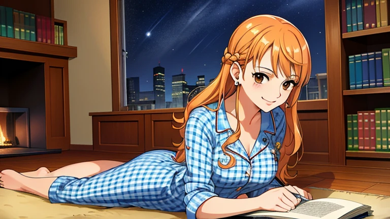 masterpiece, ((ultra detailed background, delicate pattern, intricate detail)), (highly detailed, fine details), best quality, beautiful lighting, ((medium breasts, slim girl)), NamiFinal, ((Blue Plaid Pajamas)), simple shirt, 1girl, orange hair, solo, long hair, jewelry, brown eyes, smile, earrings, ((blue tattoo, left shoulder tattoo)), (complex detailed background, Inside, Fireplace, Bookshelf, Window, Night time, Rug on wood floor ), (cowboy shot), covered with blanket, Reading book leaning on something, Cozy, warm smile