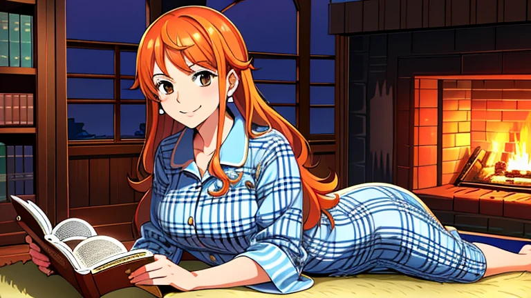 masterpiece, ((ultra detailed background, delicate pattern, intricate detail)), (highly detailed, fine details), best quality, beautiful lighting, ((medium breasts, slim girl)), NamiFinal, ((Blue Plaid Pajamas)), simple shirt, 1girl, orange hair, solo, long hair, jewelry, brown eyes, smile, earrings, ((blue tattoo, left shoulder tattoo)), (complex detailed background, Inside, Fireplace, Bookshelf, Window, Night time, Rug on wood floor ), (cowboy shot), covered with blanket, Reading book leaning on something, Cozy, warm smile