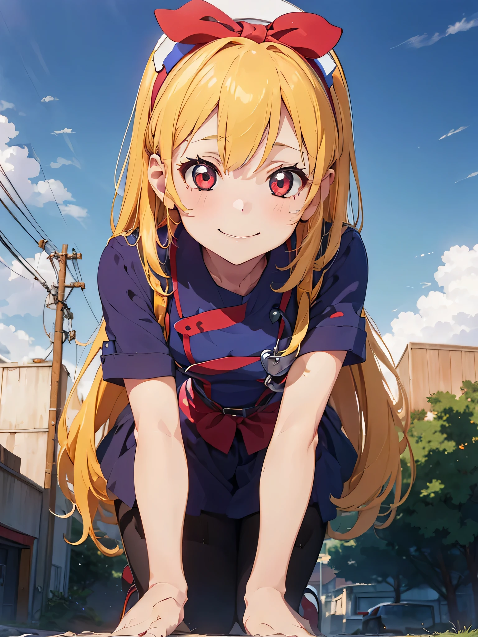 Blonde HAIR,(nsfw:0.7),(RED Ribbon on HAIRband:1.2),(​masterpiece:1.2)、(top-quality)、4K、Ultra-Details、(The composition of the movement:1.4)、Very detailed and colorful details、(Iridescent colors:1.2)、(Glowing lighting、Atmospheric lighting)、dream-like、Magical,absurderes, hight resolution, (Official art, Beautiful and aesthetic:1.2), best qualtiy、(1girl in:1.8),ultra-detailliert,bright colour、Anime Face、extremely beautiful face and eyes, Beautiful images、high-level image quality、Definition image quality、Very pretty girl、Vast landscape photos、(Nitanita Smile),（View from below with a view of the sky and the wilderness below),(hospitals:0.9),(nurse:1.3),Tree Break Production Art、(Warm color light source:1.2),(Tight nurse clothes:1.3),,(be shy:1.4)intricate detailes,Volume Lighting,Realism Break
