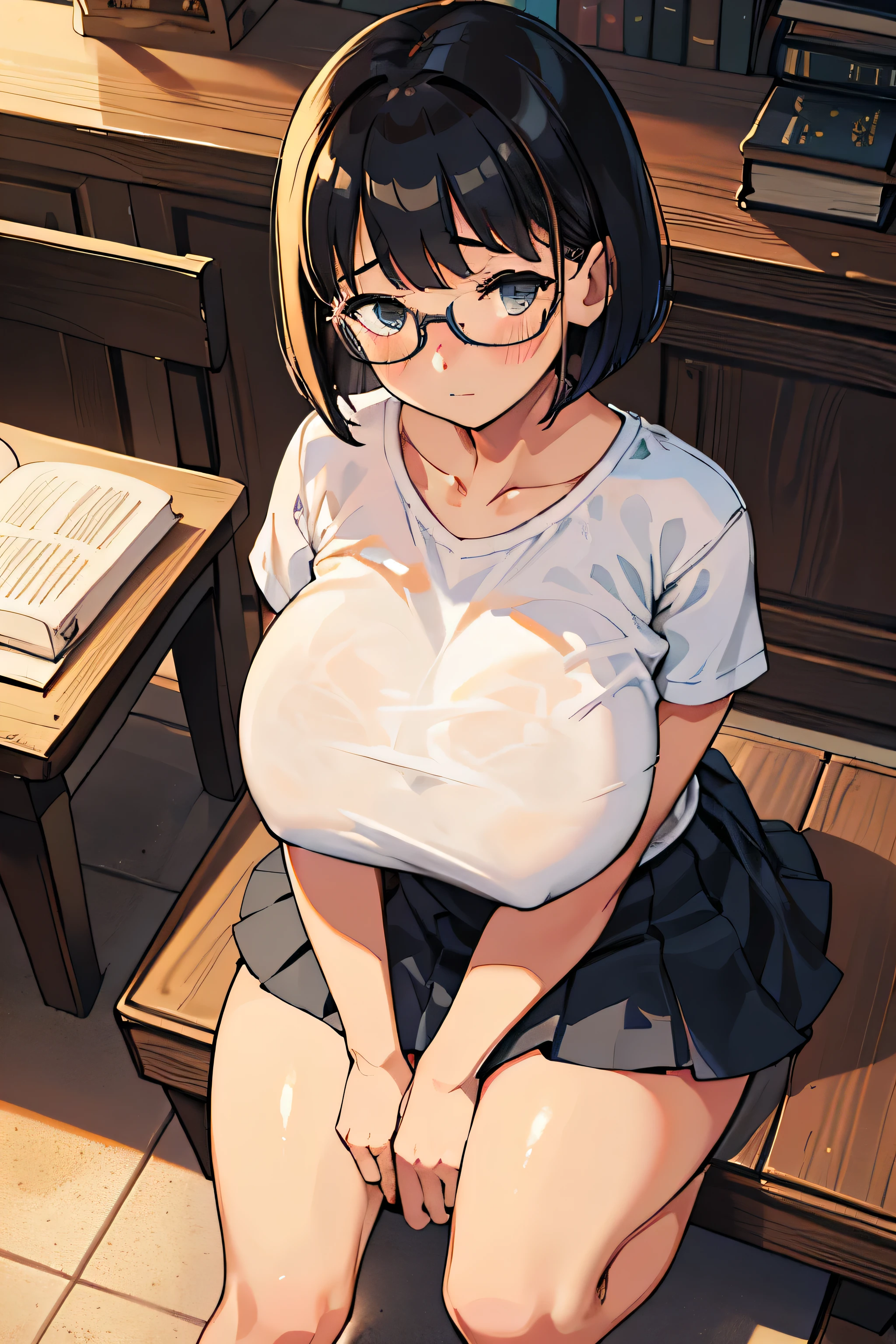 Dutch Angle Shot, Full body, very cute girl, , bob cuts, Square Frame Glasses, (Shy:1.1), (blush stickers), (between legs), White T-shirt, pleated skirts, ((((huge breasts)))), (thin thighs), (breast closeup), View from above, Sitting in the library, Sunset, parfect lighting, (masterpiece), (Best Quality), (ultra-detailliert)