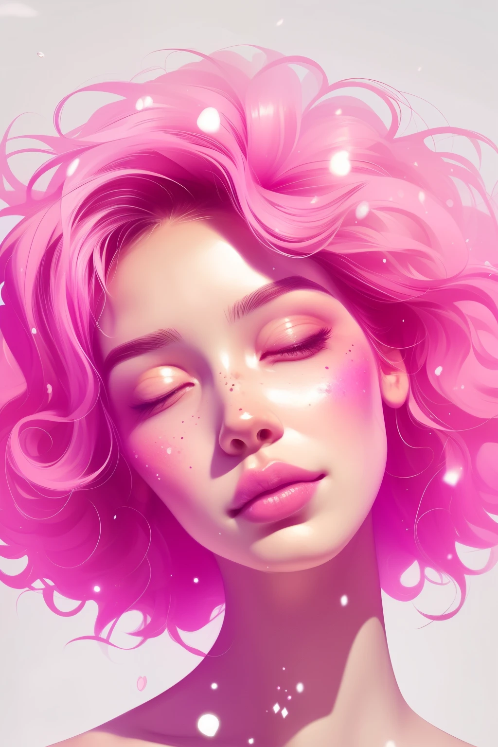 (This is a beautiful fantasy image that feels interesting and emphasizes glitter and iridescence.) Generate a ((blind)) curvy woman with colorful curly hair and milky white eyes. Her face is important and is perfectly formed with puffy lips and perfect features. (Her eyes are critically important and are (blank) and (solid white)). The image exudes ethereal beauty and soft fantasy. Include sweet and detailed birds and soft, luminous flowers. The image's background is decorated in shades of pink, shimmer, glitter, and fantasy details like colored bubbles and cosmos. Utilize dynamic composition to create a compelling and action-packed image. Dramatic lighting and cinematic lighting enhance the woman's beauty and the soft colors in the artwork. (((((Perspective: head on.))))) Include fantasy, cute, colorful, colourful, interesting magic background, ((((blank eyes)))), ((((empty white eyes)))), (shirome eyes:1.3), (smirking), (perfectly rendered solid whiteeyes), ((short neck)), ((birthmark on lip)), ((pretty lips)), beautiful background, complex background, sweet background