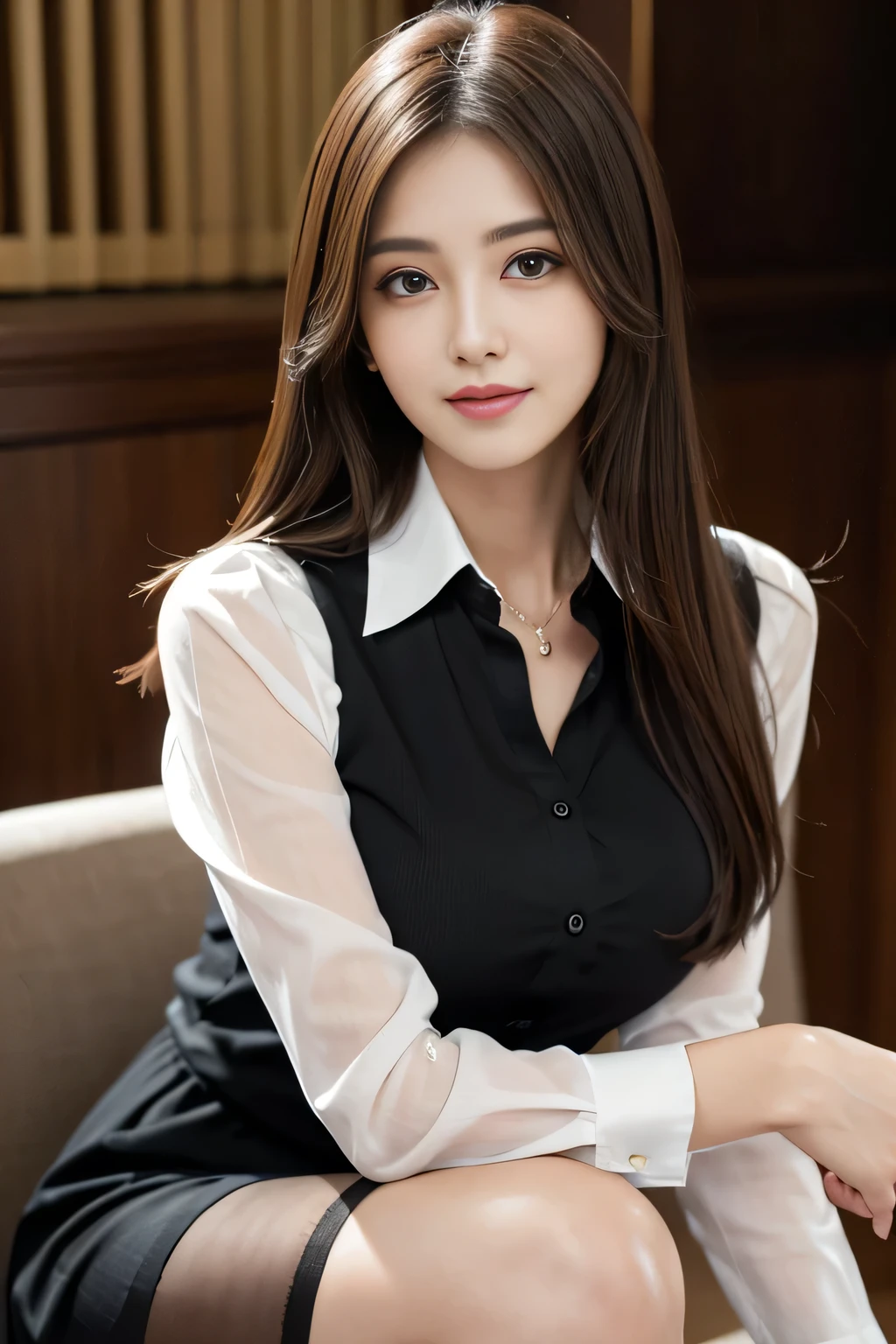 (RAW Photos), (Realistic), (masterpiece), (highest quality), High resolution, 8k, (Intricate details), (Volumetric Light), Portraiture, woman, Age 35, Medium Hair, Straight hair, Medium Chest, Layered Hair, Brown Hair, Very beautiful eyes, Source order, Very thin eyebrows, Very fine skin, Very beautiful mouth, Very nice nose, Cute like an idol, smile, (Thick lips), (Looking at the audience), (See-through black collared dress shirt), Above the knee shot