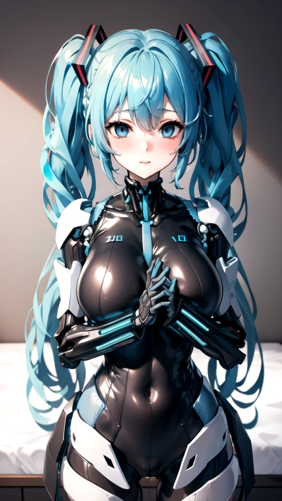 Hatsune Miku Vocaloid, Twin Tails, Light Blue Eyes, Light Blue Hair, Bod ysuit, (mecha girl), Cyber punk, Ultimate Physical Beauty, Beautiful Eyes, big breasts, embarrassed look , bedroom, Bigchest, 8K CG, Top Quality, Best Image Quality,